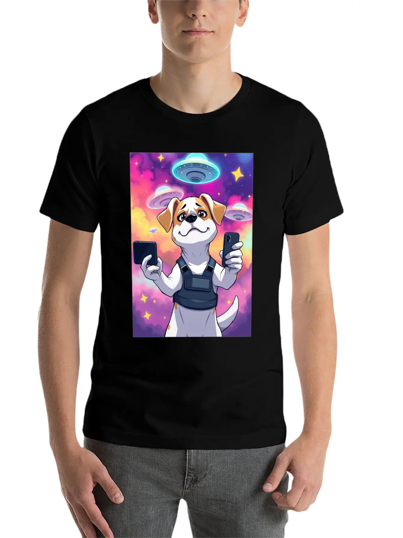 Funny Dog Training Anime Selfie With UFOs Weird Stylish Everyday T-Shirt – Unisex Basic Cotton Tee