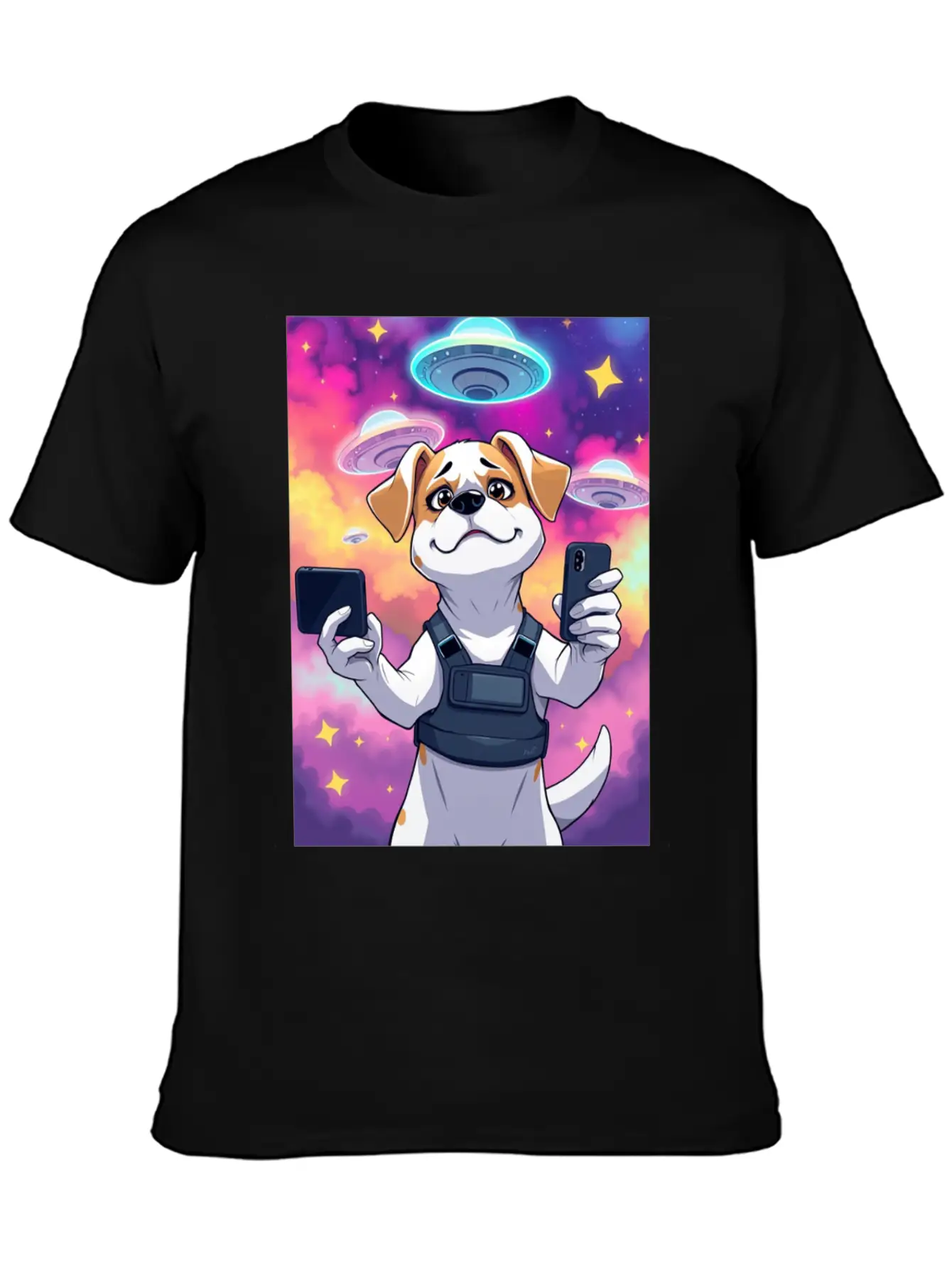 Funny Dog Training Anime Selfie With UFOs Weird Stylish Everyday T-Shirt – Unisex Basic Cotton Tee