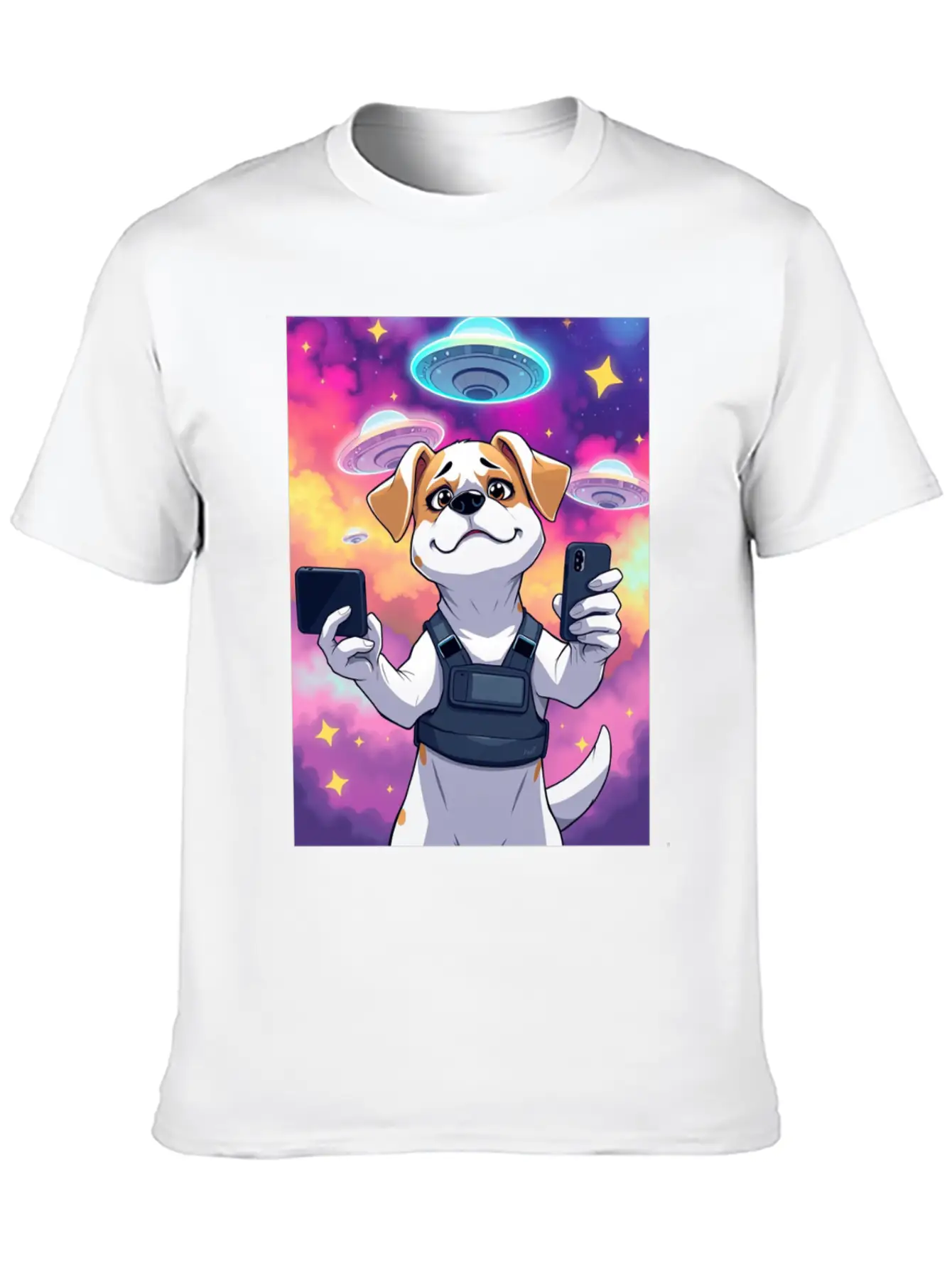 Funny Dog Training Anime Selfie With UFOs Weird Stylish Everyday T-Shirt – Unisex Basic Cotton Tee