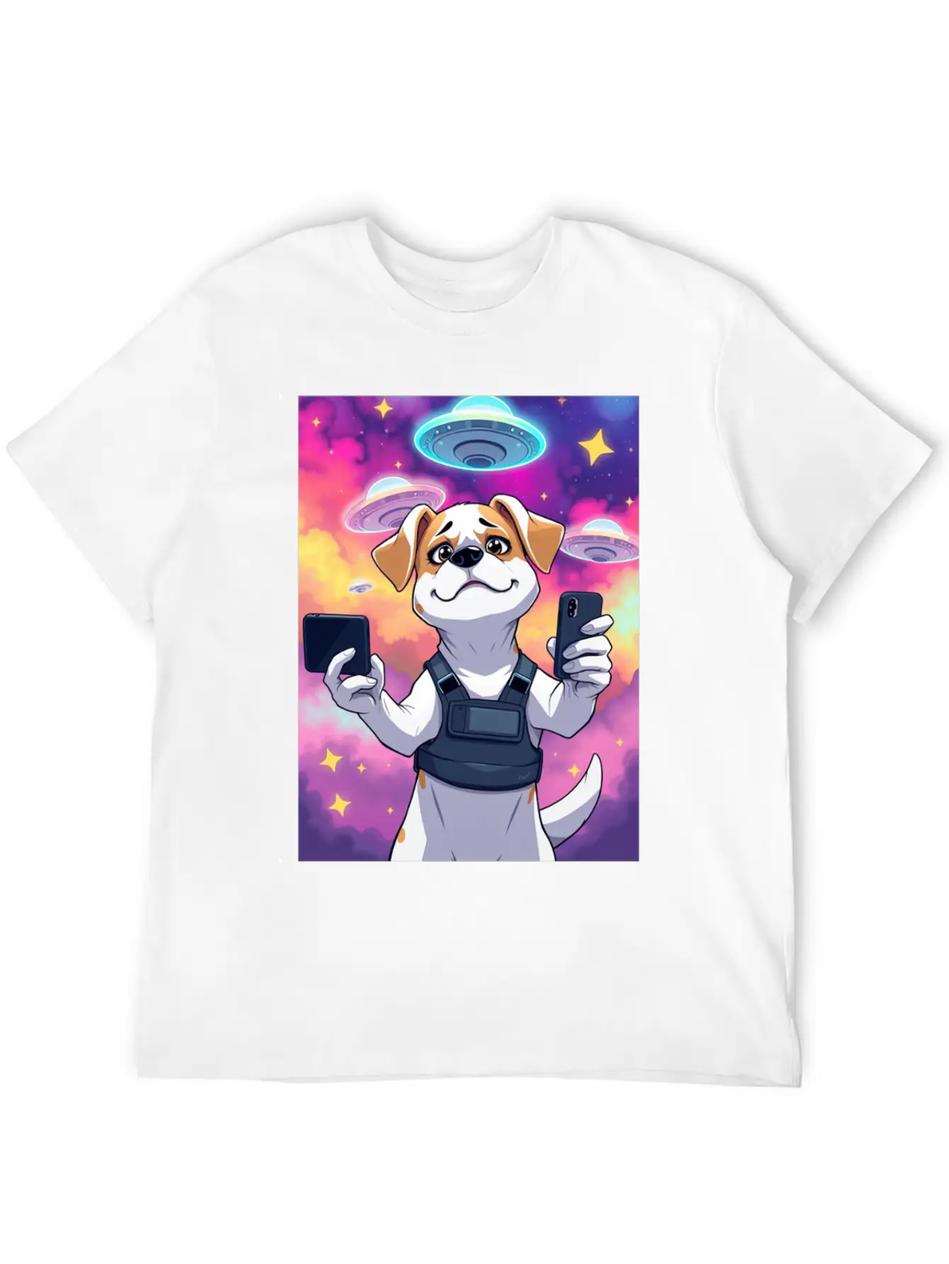 Funny Dog Training Anime Selfie With UFOs Weird Stylish Everyday T-Shirt – Unisex Basic Cotton Tee