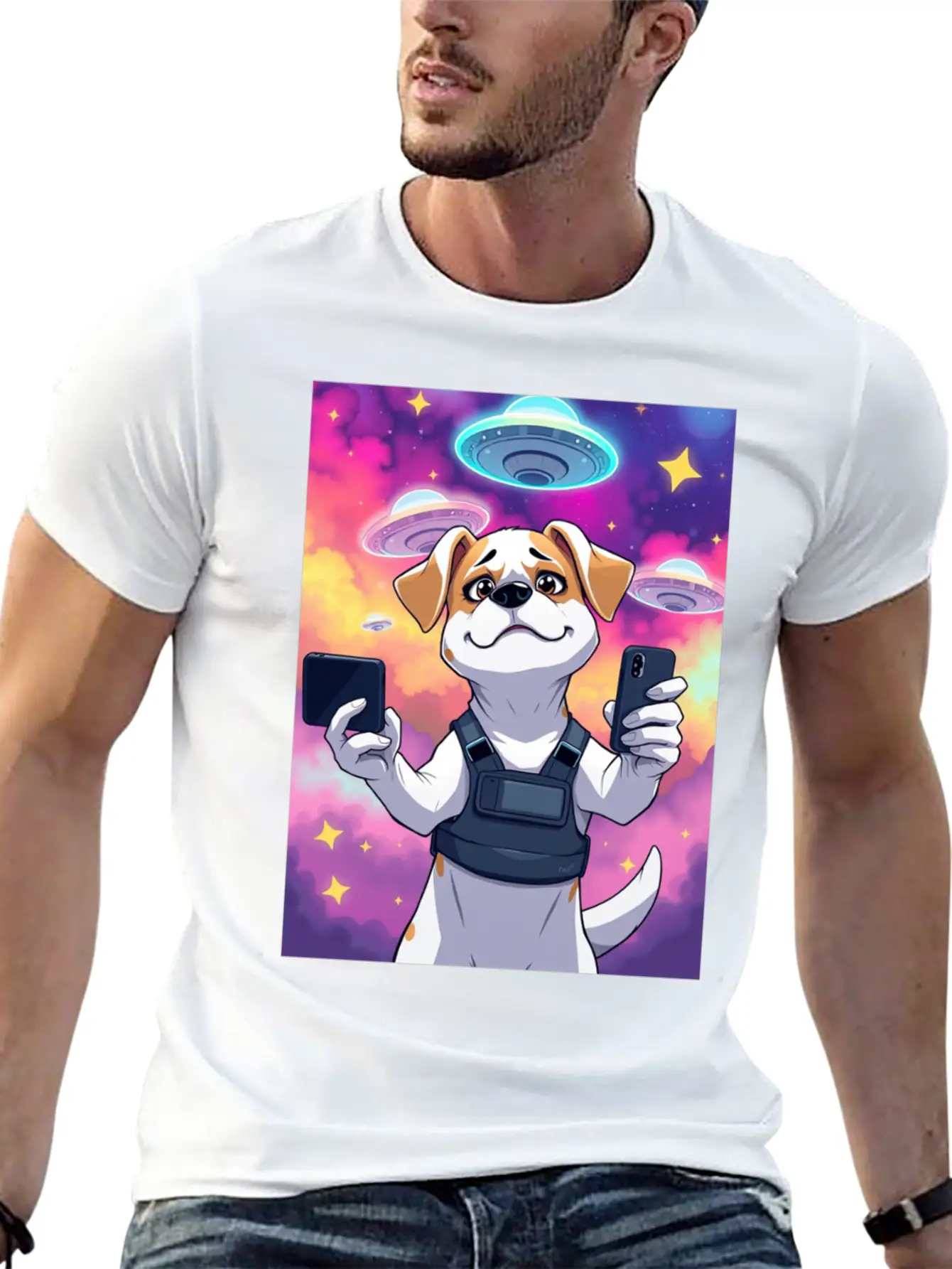 Funny Dog Training Anime Selfie With UFOs Weird Stylish Everyday T-Shirt – Unisex Basic Cotton Tee