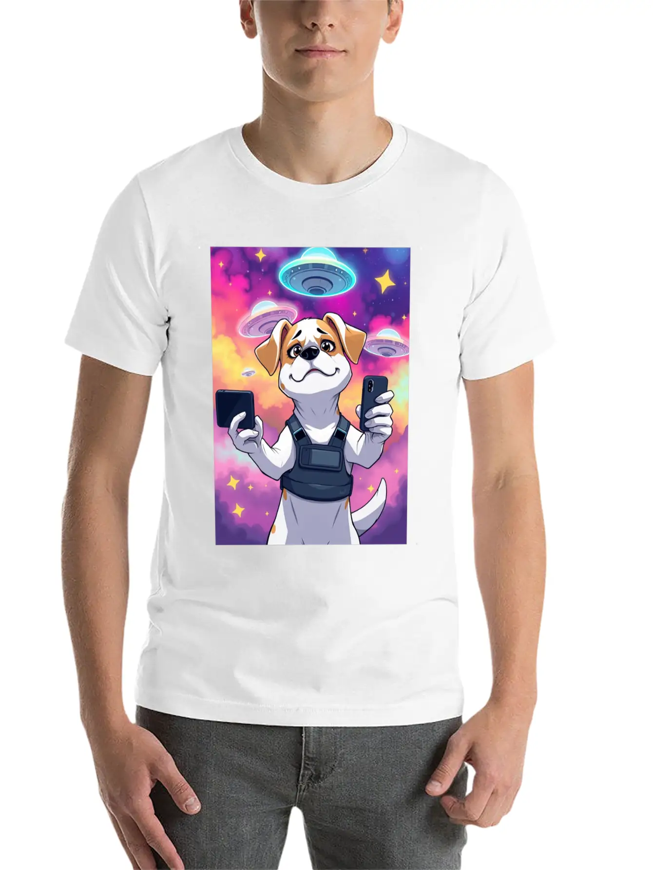 Funny Dog Training Anime Selfie With UFOs Weird Stylish Everyday T-Shirt – Unisex Basic Cotton Tee