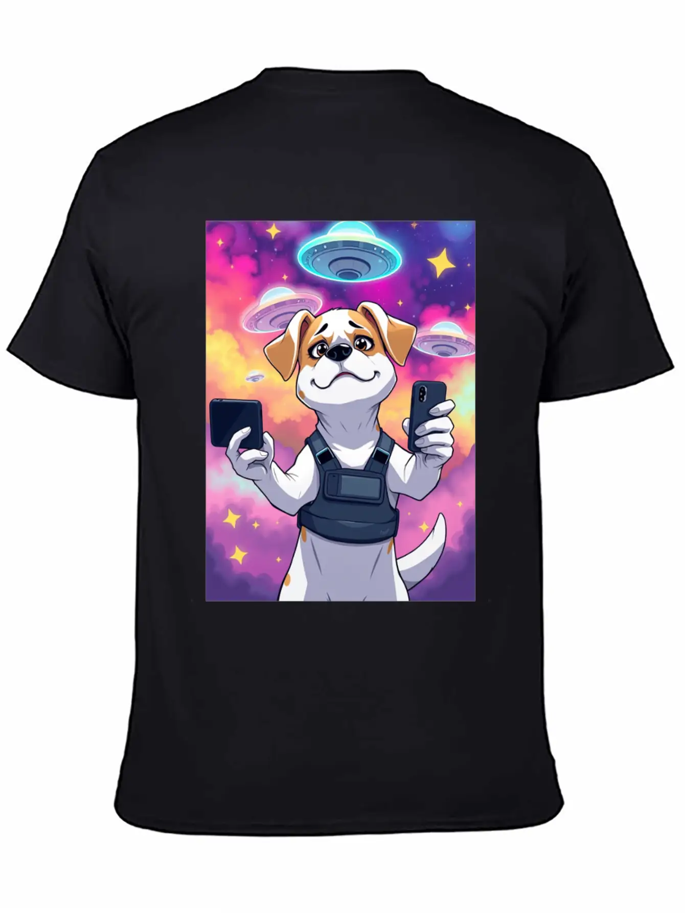 Funny Dog Training Anime Selfie With UFOs Weird Stylish Everyday T-Shirt – Unisex Basic Cotton Tee