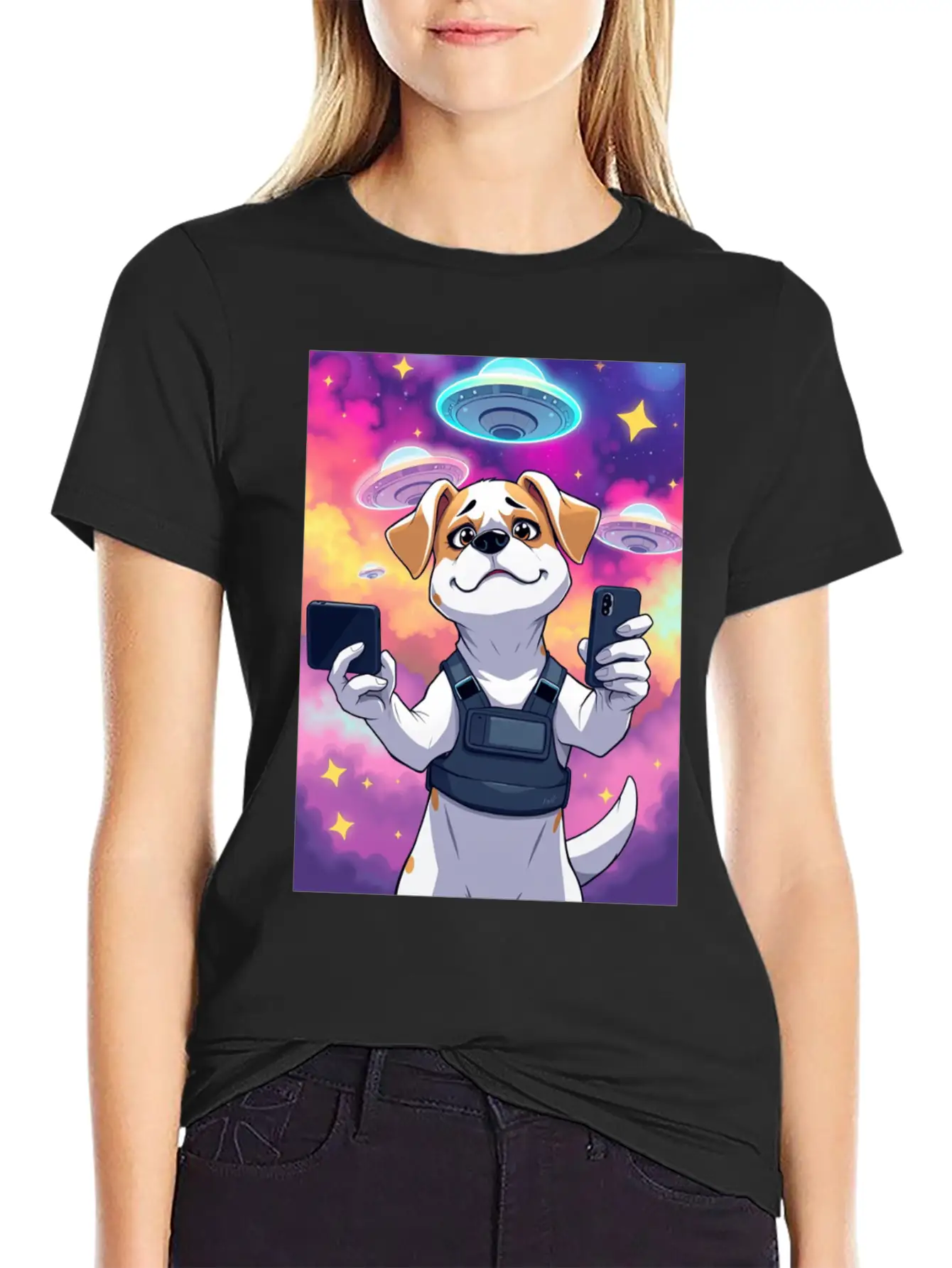 Funny Dog Training Anime Selfie With UFOs Weird Stylish Everyday T-Shirt – Unisex Basic Cotton Tee