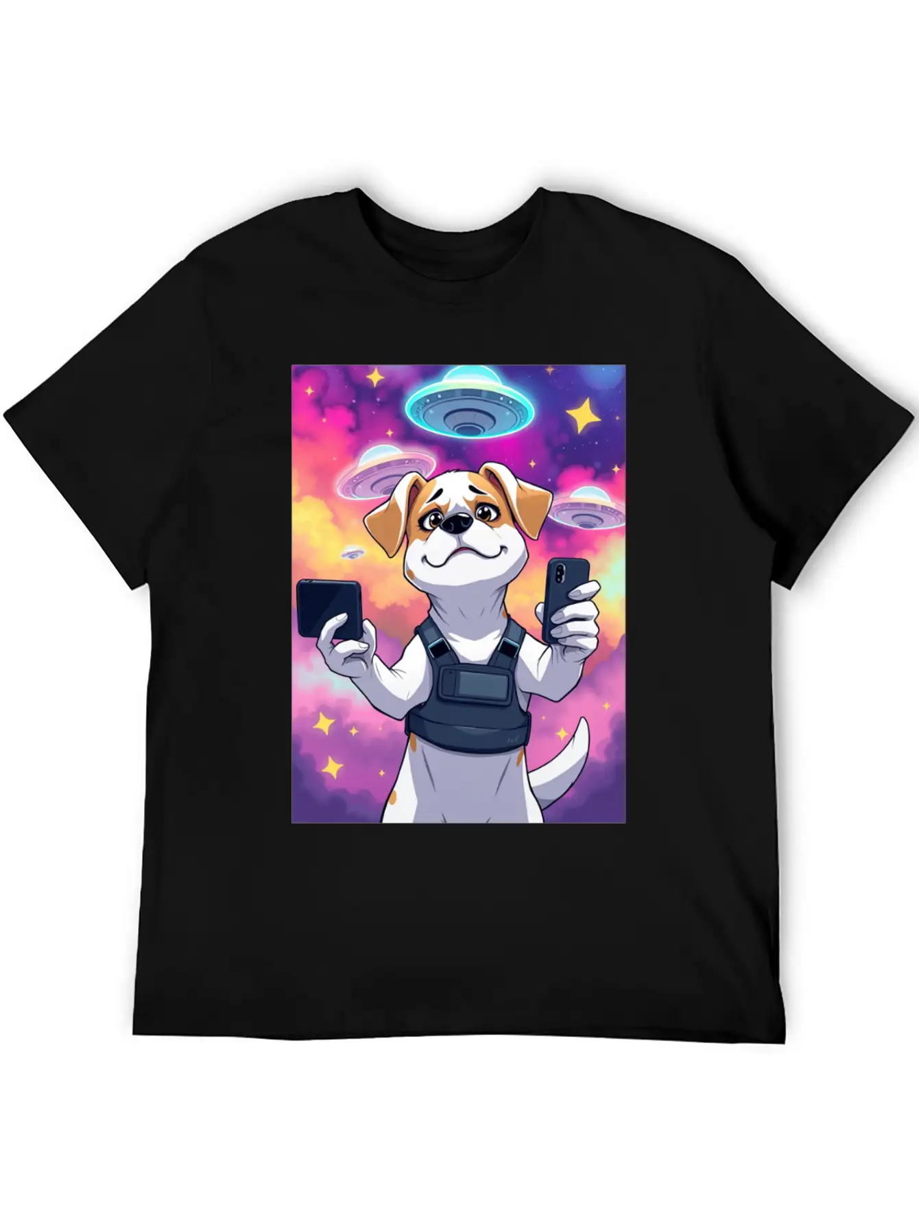 Funny Dog Training Anime Selfie With UFOs Weird Stylish Everyday T-Shirt – Unisex Basic Cotton Tee