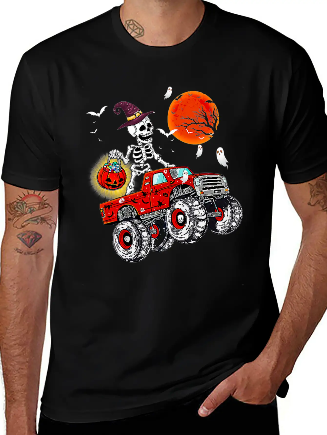 Funny Halloween Skeleton Monster Truck Unisex Short Sleeve Soft Cotton T-Shirt – Casual Everyday Wear