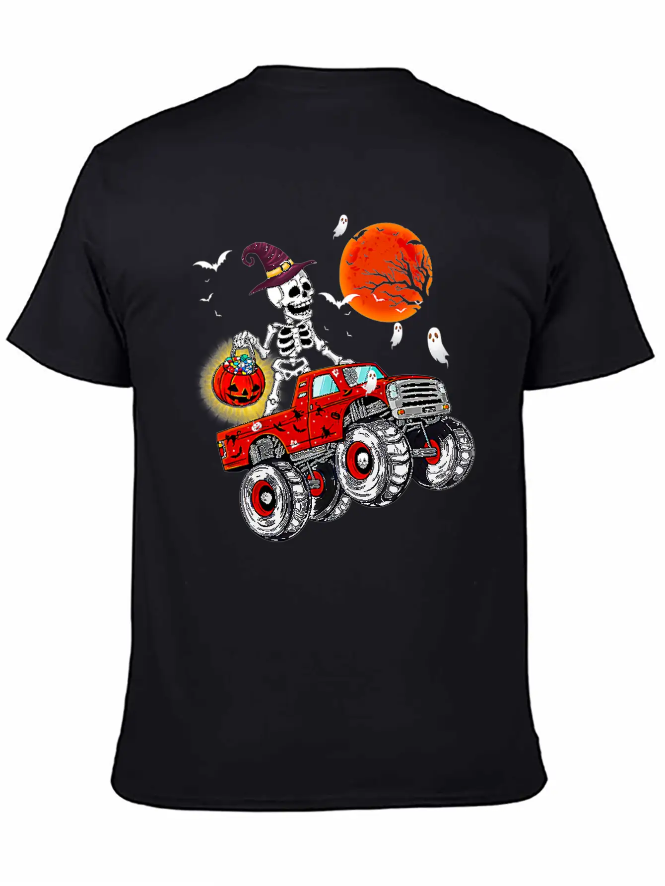 Funny Halloween Skeleton Monster Truck Unisex Short Sleeve Soft Cotton T-Shirt – Casual Everyday Wear