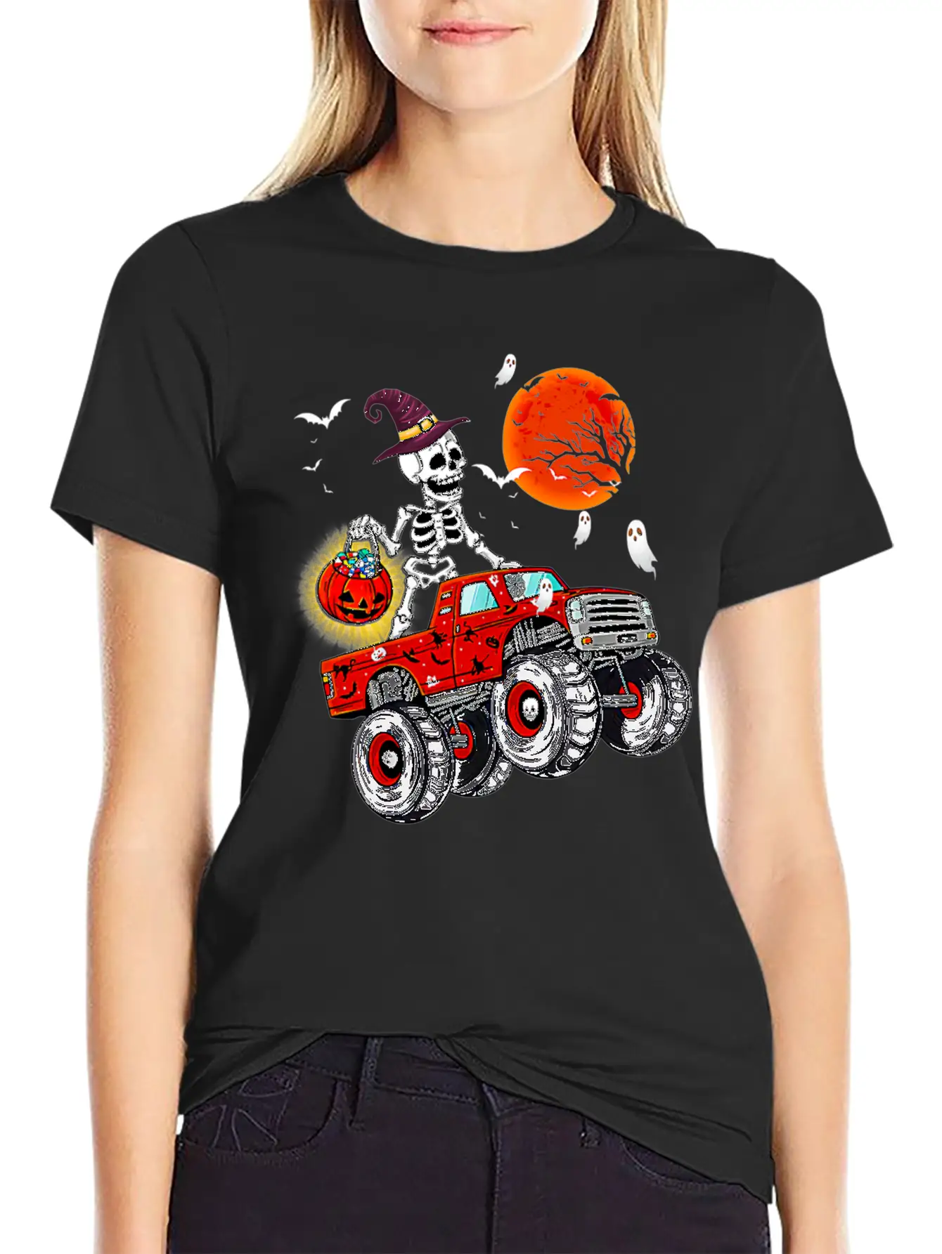 Funny Halloween Skeleton Monster Truck Unisex Short Sleeve Soft Cotton T-Shirt – Casual Everyday Wear