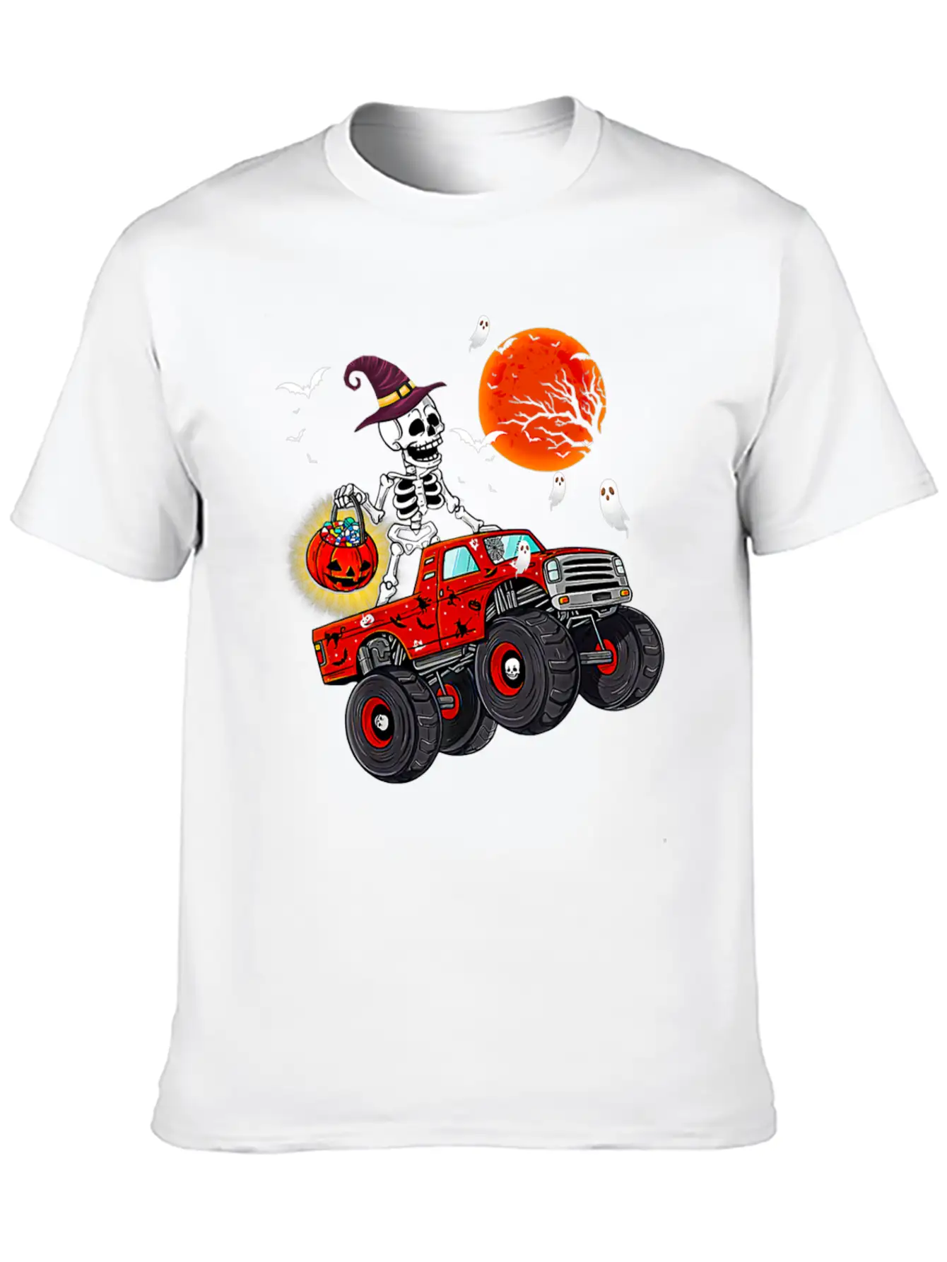 Funny Halloween Skeleton Monster Truck Unisex Short Sleeve Soft Cotton T-Shirt – Casual Everyday Wear