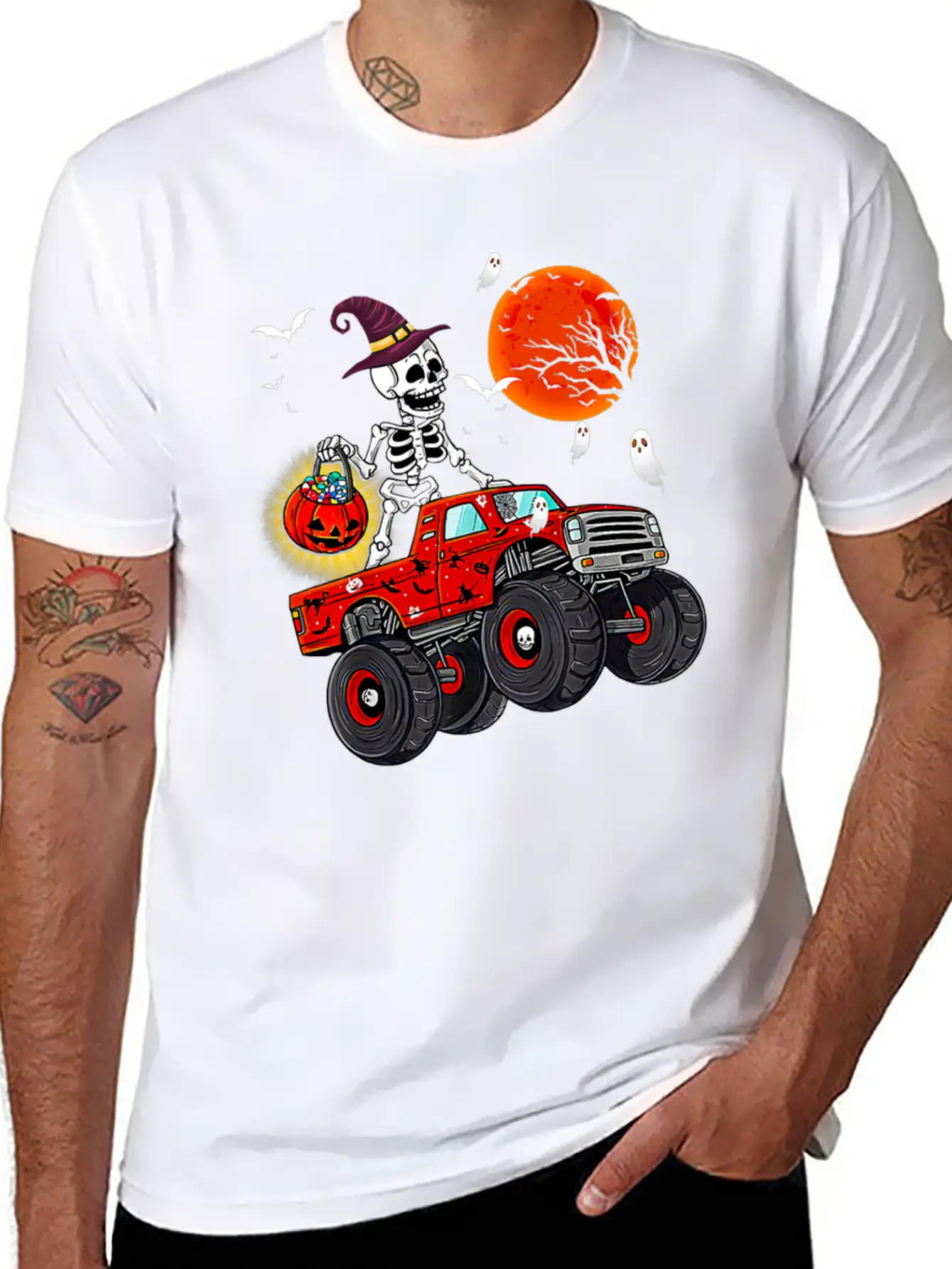 Funny Halloween Skeleton Monster Truck Unisex Short Sleeve Soft Cotton T-Shirt – Casual Everyday Wear