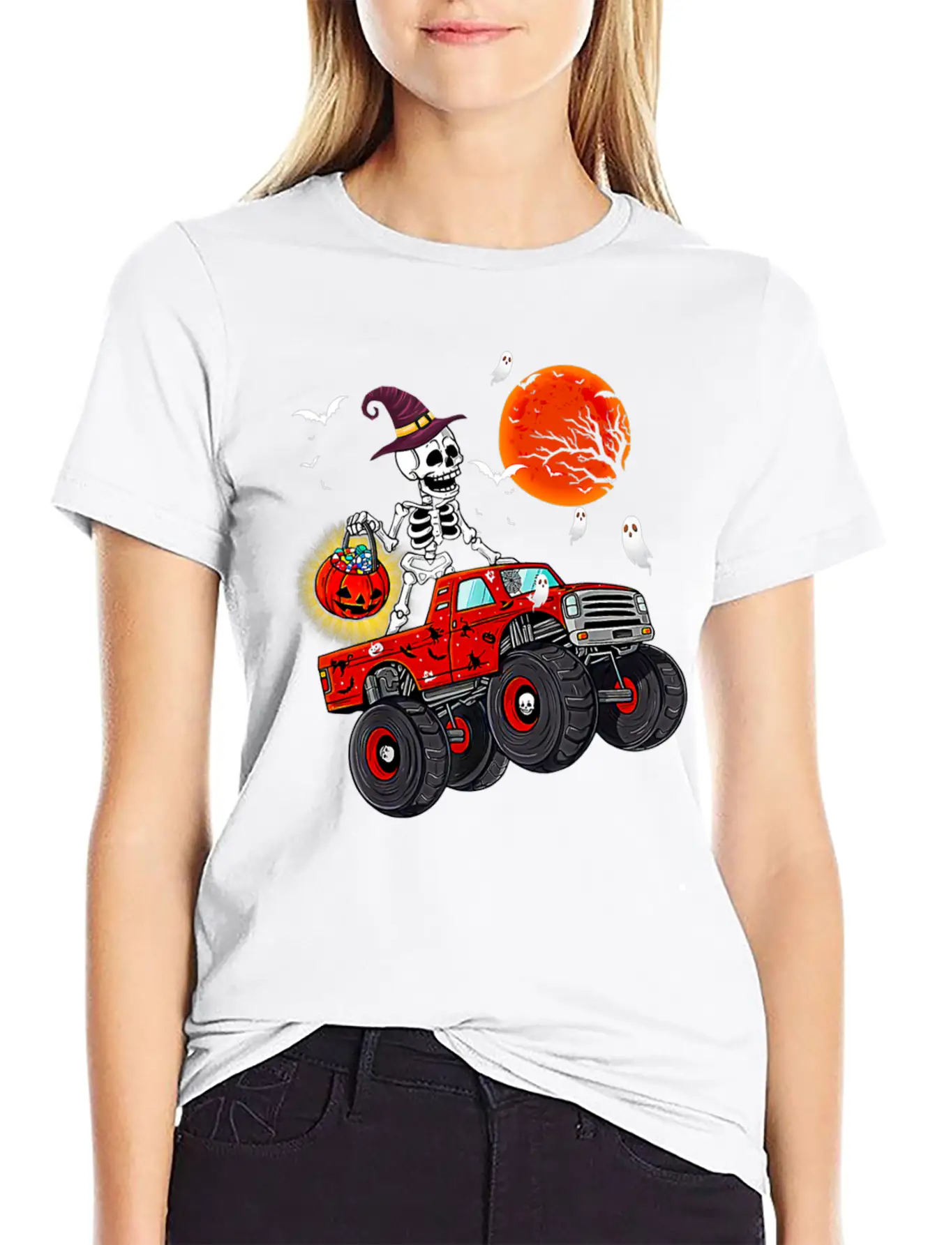 Funny Halloween Skeleton Monster Truck Unisex Short Sleeve Soft Cotton T-Shirt – Casual Everyday Wear