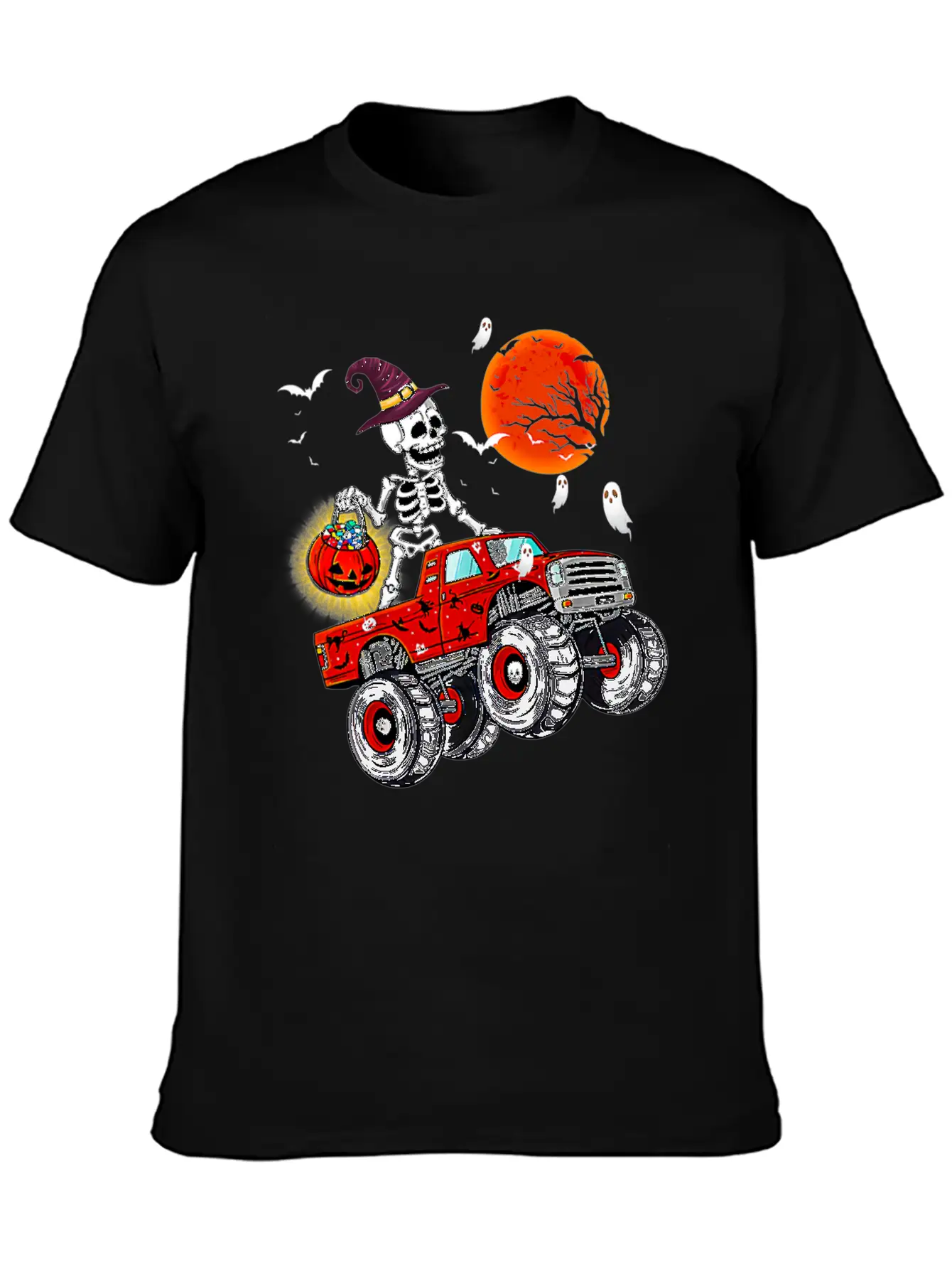 Funny Halloween Skeleton Monster Truck Unisex Short Sleeve Soft Cotton T-Shirt – Casual Everyday Wear