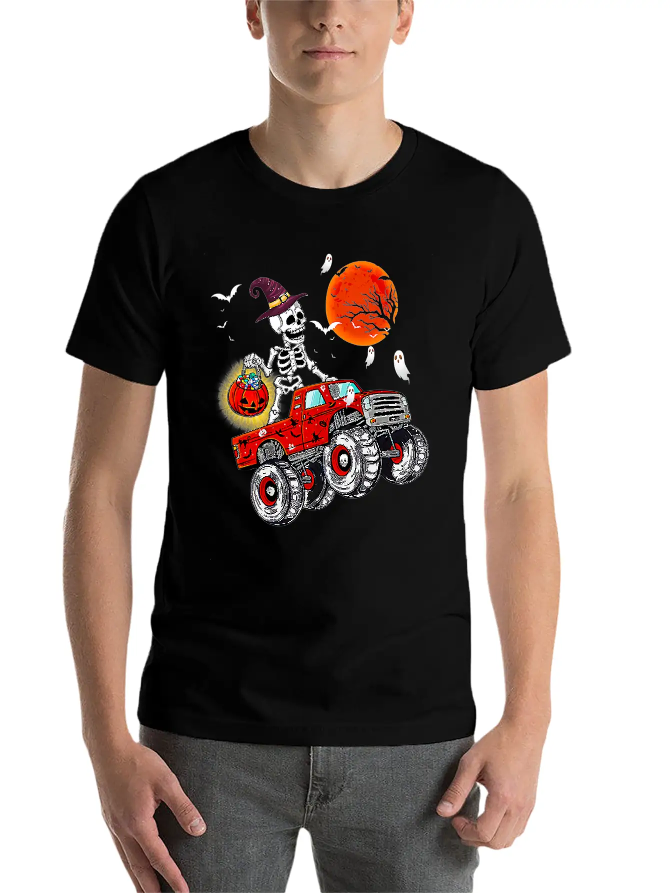 Funny Halloween Skeleton Monster Truck Unisex Short Sleeve Soft Cotton T-Shirt – Casual Everyday Wear