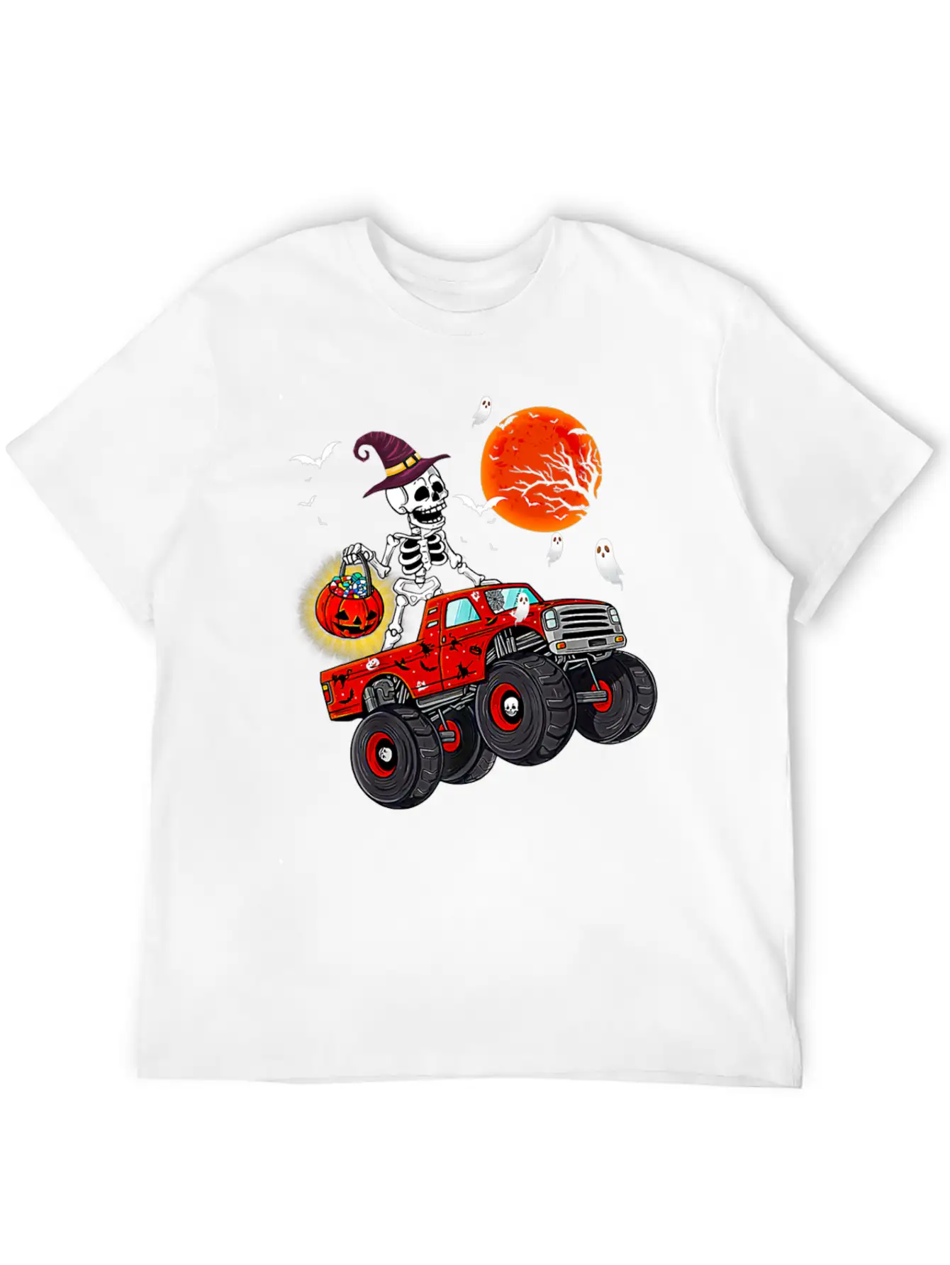 Funny Halloween Skeleton Monster Truck Unisex Short Sleeve Soft Cotton T-Shirt – Casual Everyday Wear