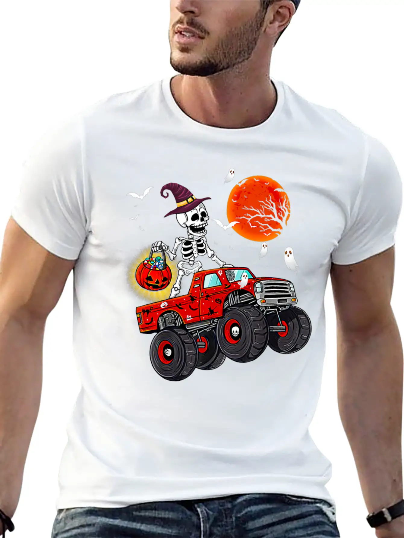Funny Halloween Skeleton Monster Truck Unisex Short Sleeve Soft Cotton T-Shirt – Casual Everyday Wear