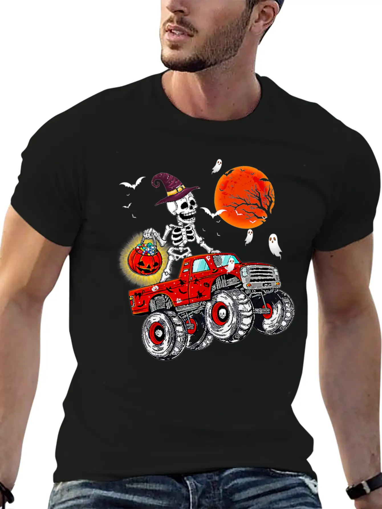 Funny Halloween Skeleton Monster Truck Unisex Short Sleeve Soft Cotton T-Shirt – Casual Everyday Wear