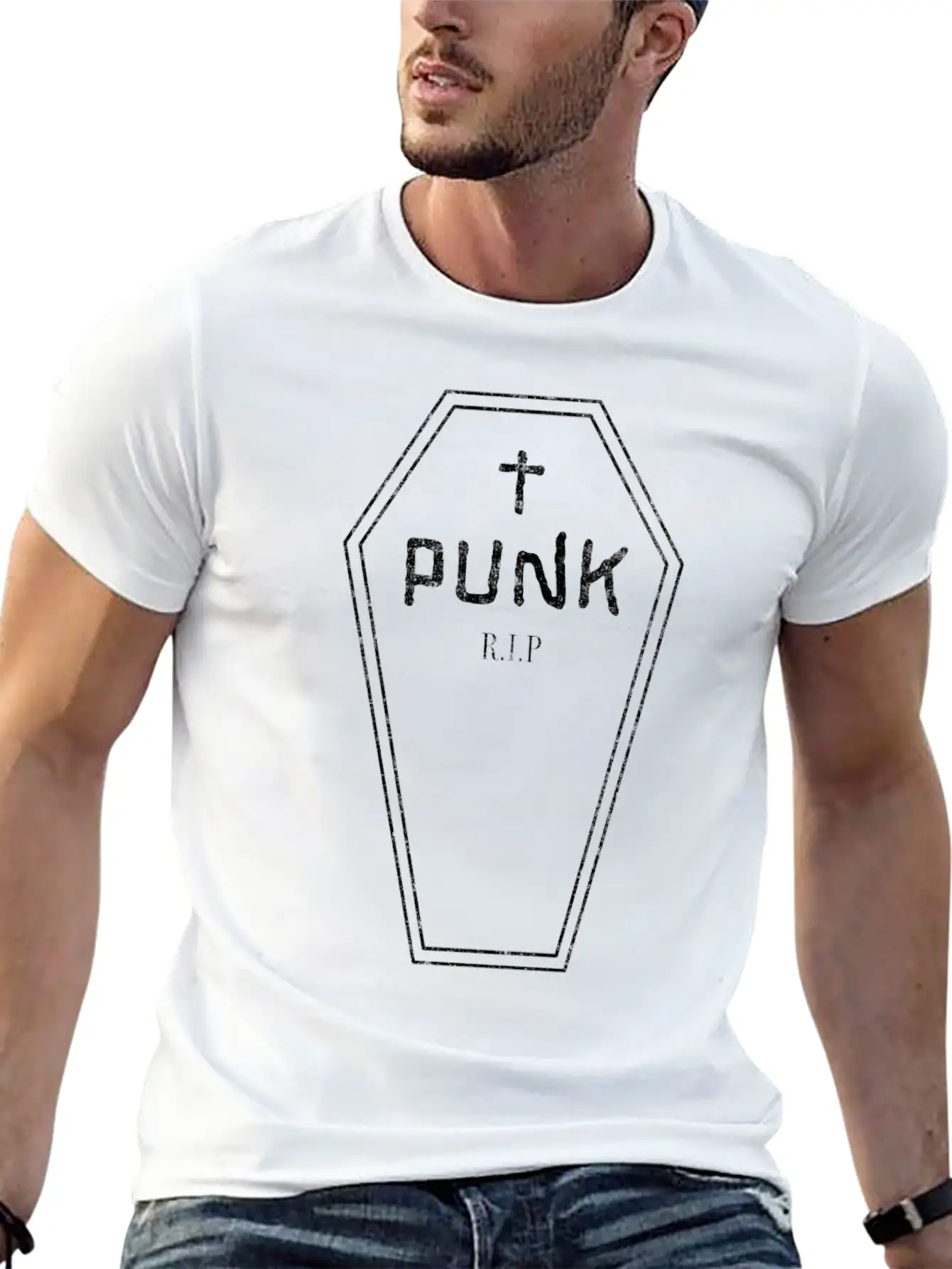 Funny Punk - Rock Guitar - Coffin - Punk Is Dead - Unisex Short Sleeve Soft Cotton T-Shirt – Casual Everyday Wear