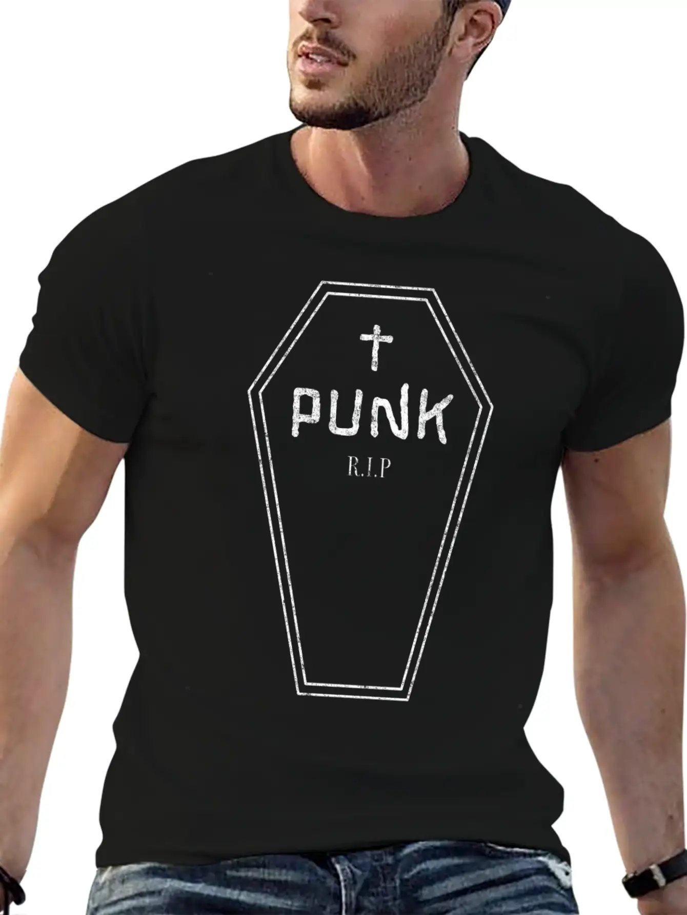 Funny Punk - Rock Guitar - Coffin - Punk Is Dead - Unisex Short Sleeve Soft Cotton T-Shirt – Casual Everyday Wear