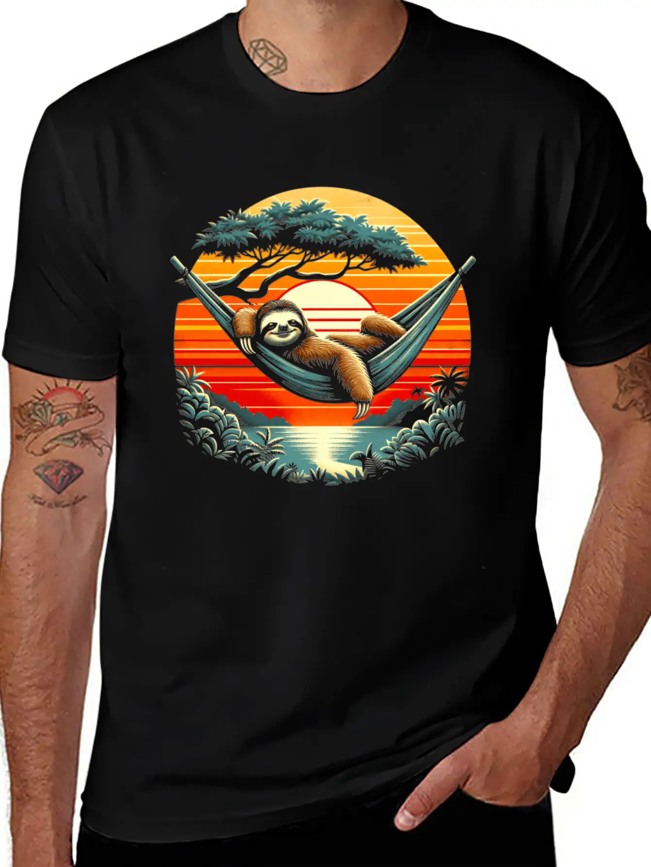 Funny Sloth In Hammock, Retro Jungle Sunset Stylish Everyday T-Shirt – Unisex Basic Cotton Tee