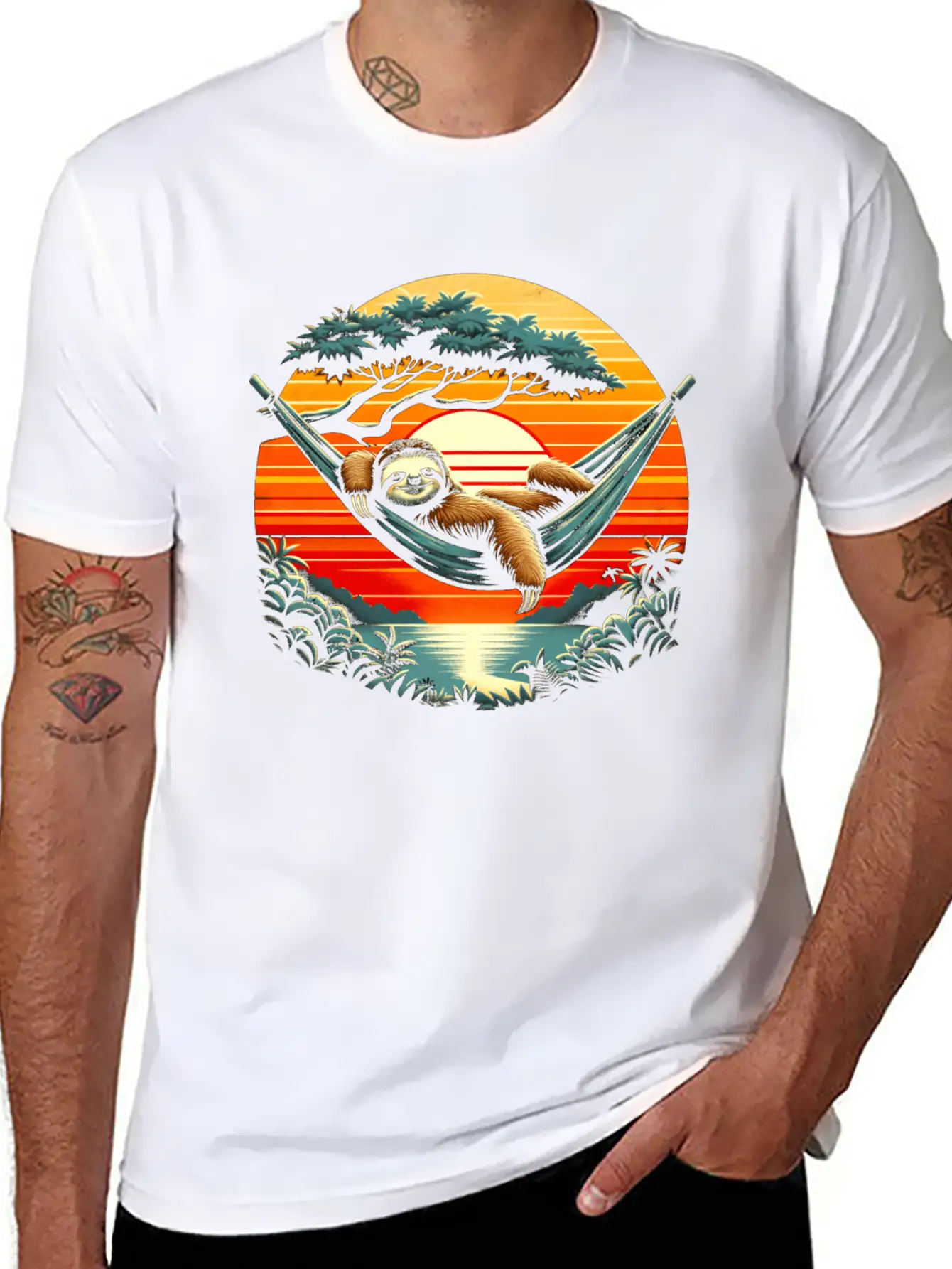 Funny Sloth In Hammock, Retro Jungle Sunset Stylish Everyday T-Shirt – Unisex Basic Cotton Tee