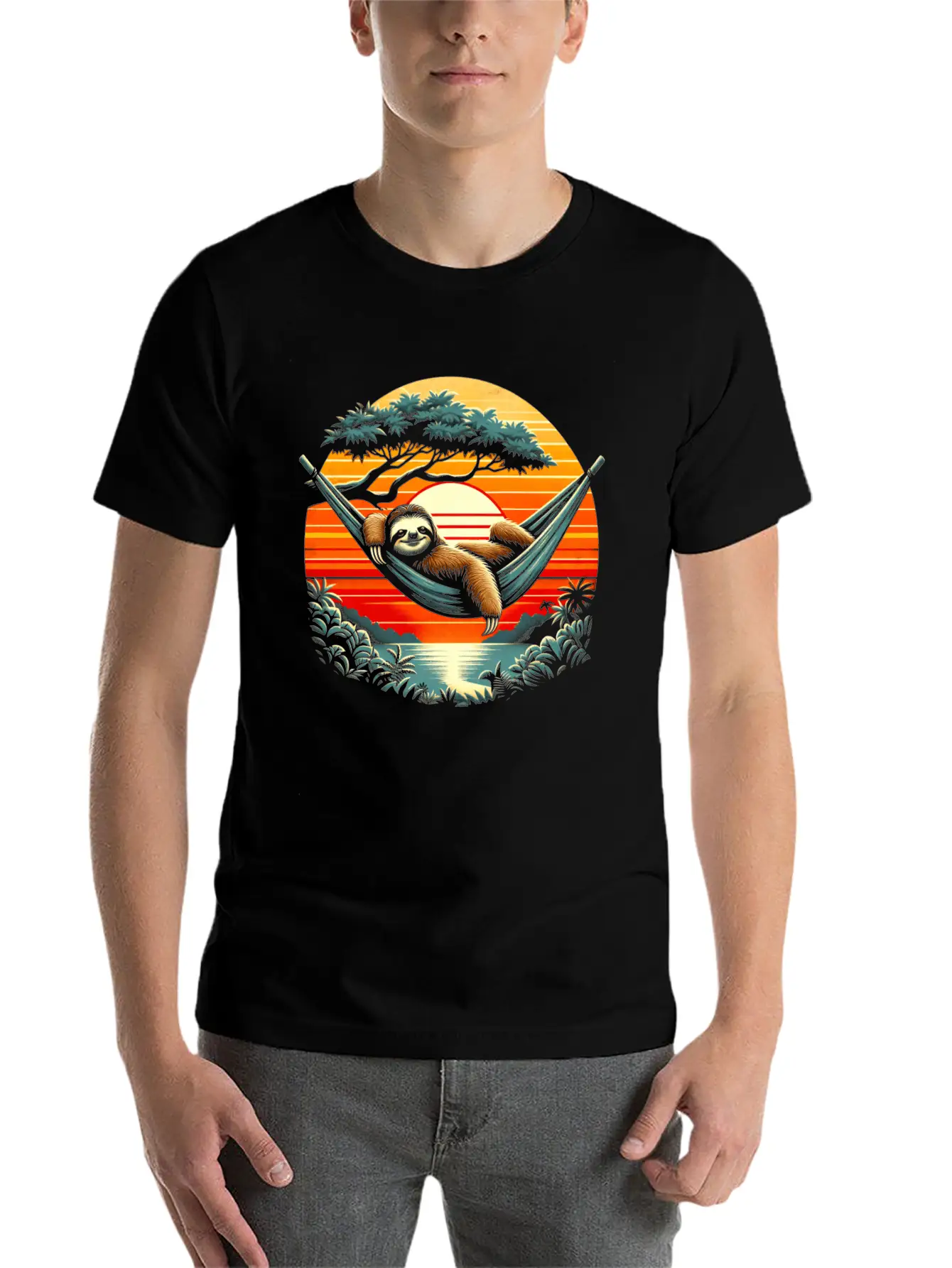 Funny Sloth In Hammock, Retro Jungle Sunset Stylish Everyday T-Shirt – Unisex Basic Cotton Tee