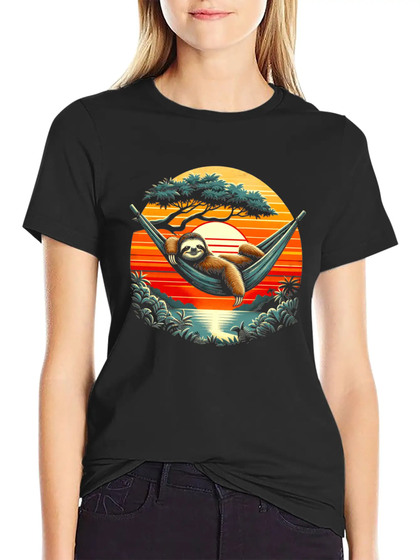 Funny Sloth In Hammock, Retro Jungle Sunset Stylish Everyday T-Shirt – Unisex Basic Cotton Tee