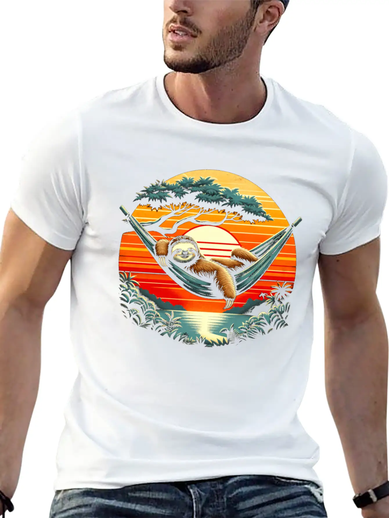 Funny Sloth In Hammock, Retro Jungle Sunset Stylish Everyday T-Shirt – Unisex Basic Cotton Tee