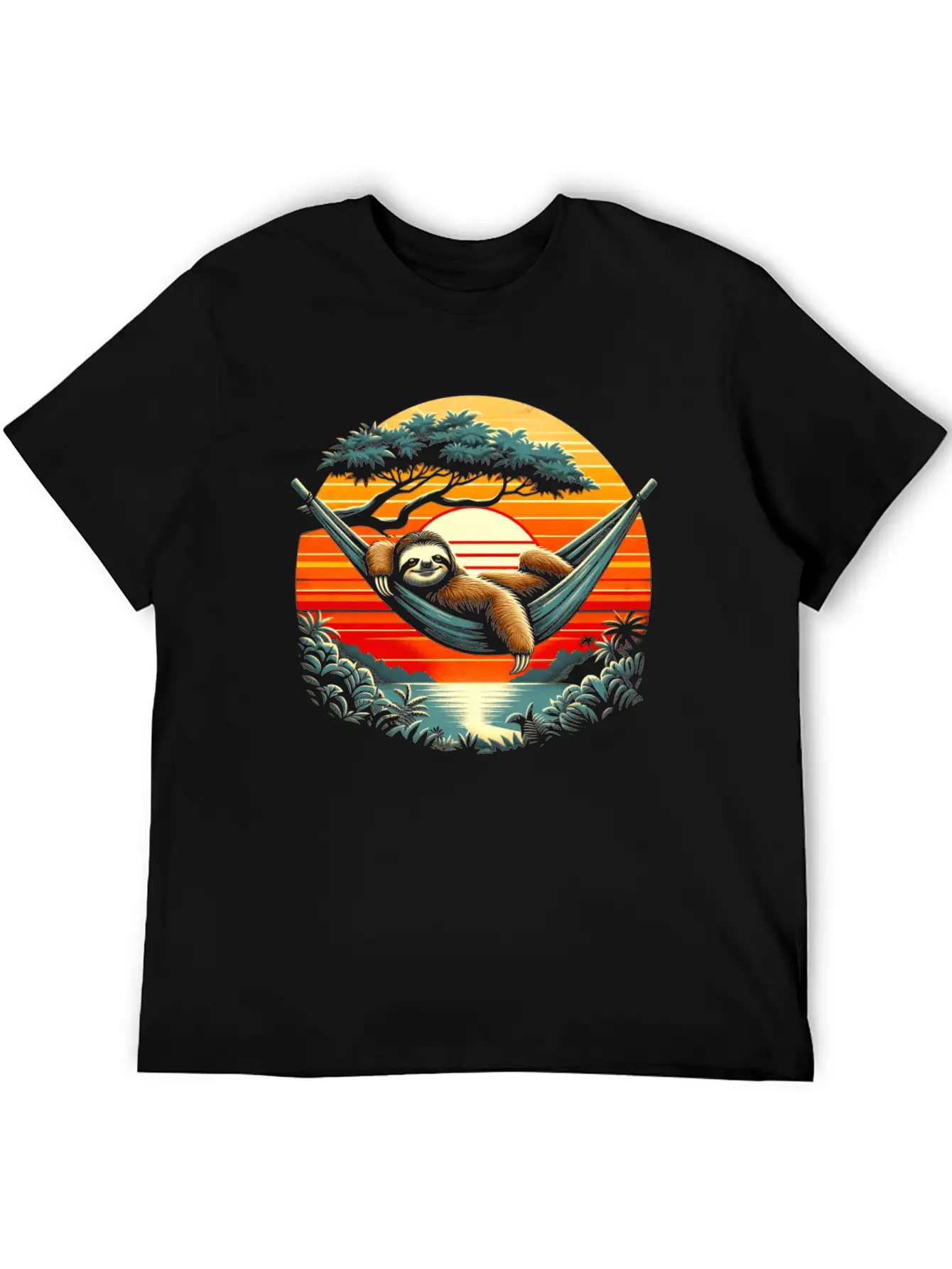 Funny Sloth In Hammock, Retro Jungle Sunset Stylish Everyday T-Shirt – Unisex Basic Cotton Tee