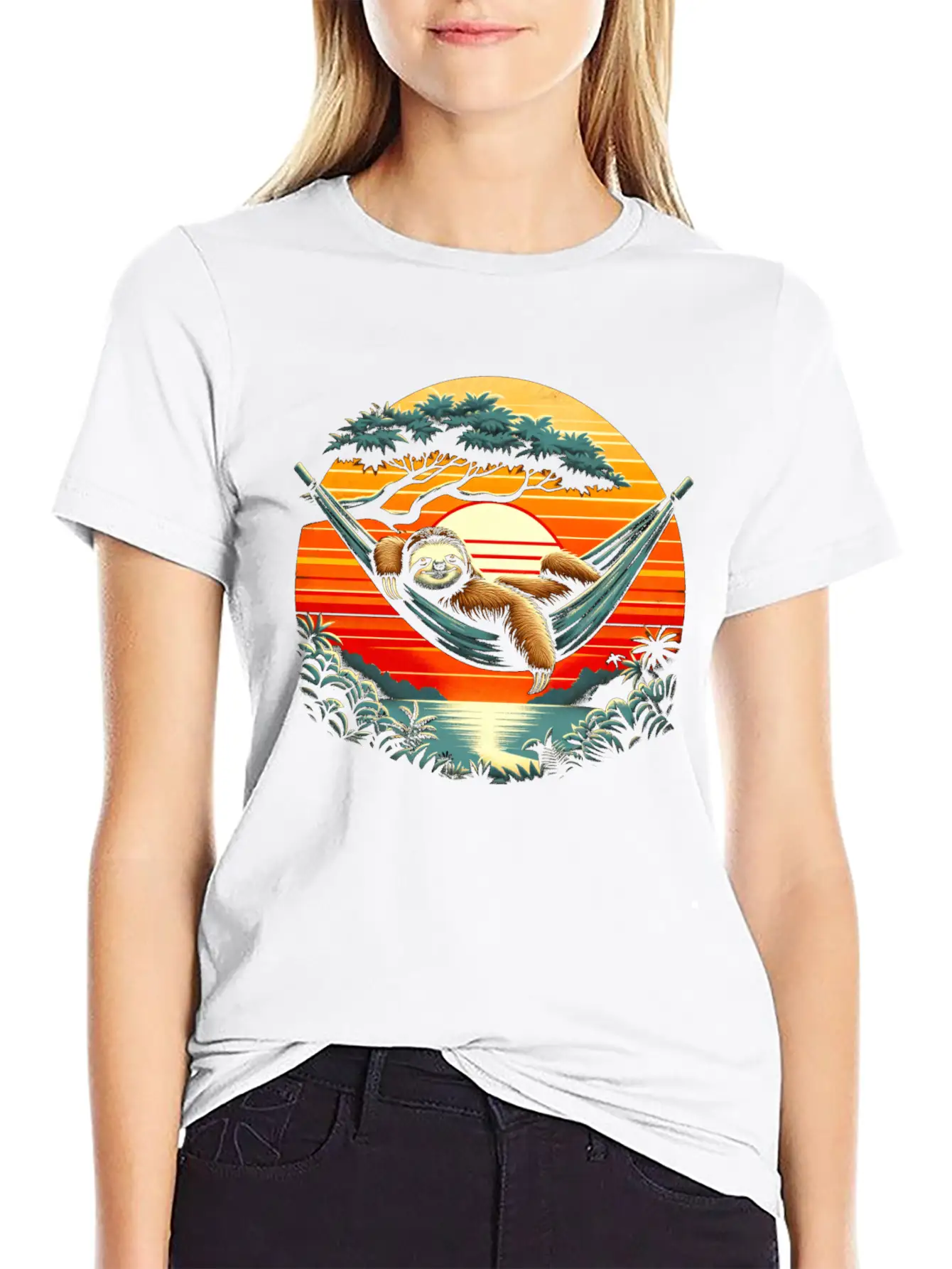 Funny Sloth In Hammock, Retro Jungle Sunset Stylish Everyday T-Shirt – Unisex Basic Cotton Tee