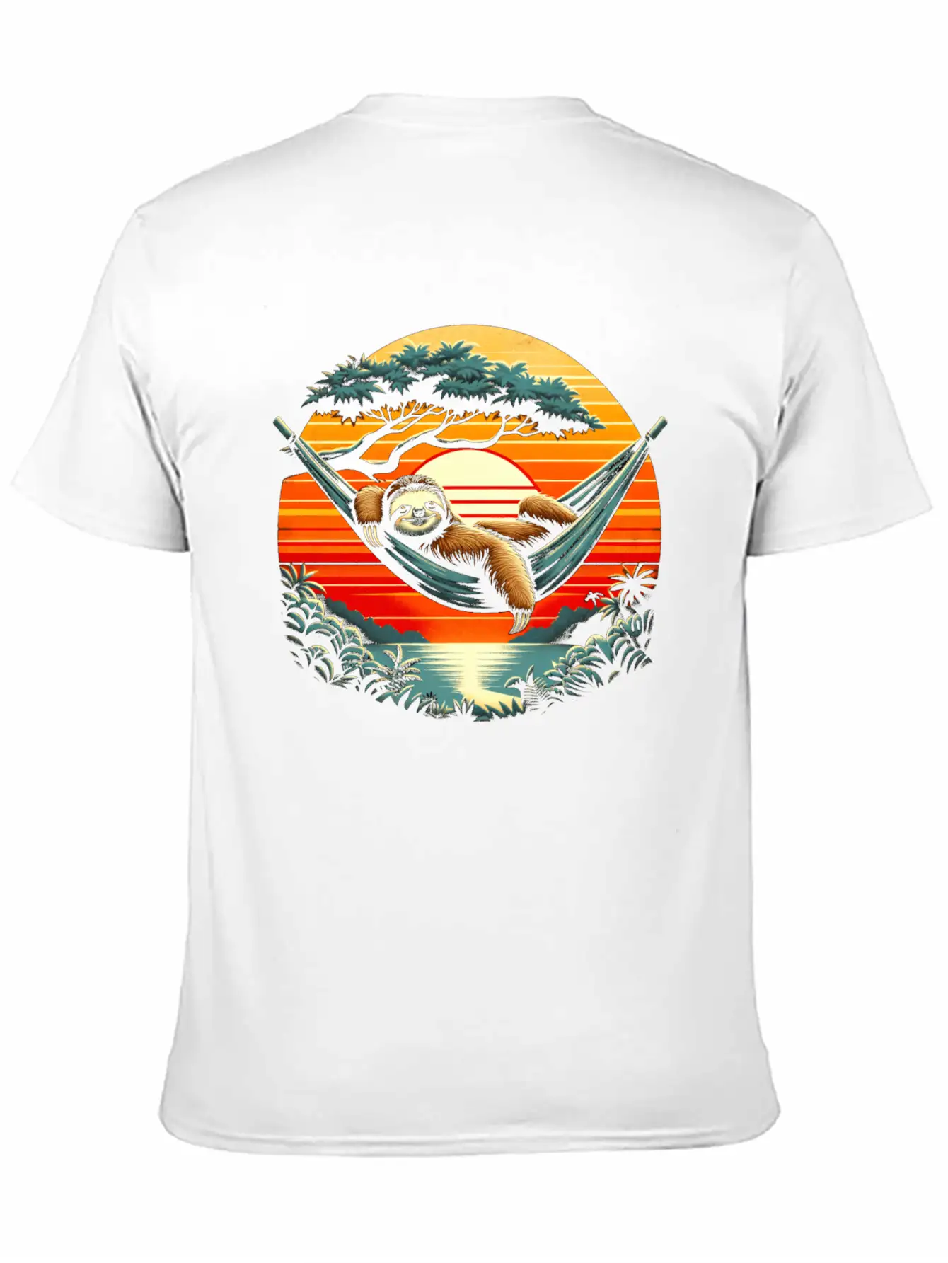 Funny Sloth In Hammock, Retro Jungle Sunset Stylish Everyday T-Shirt – Unisex Basic Cotton Tee
