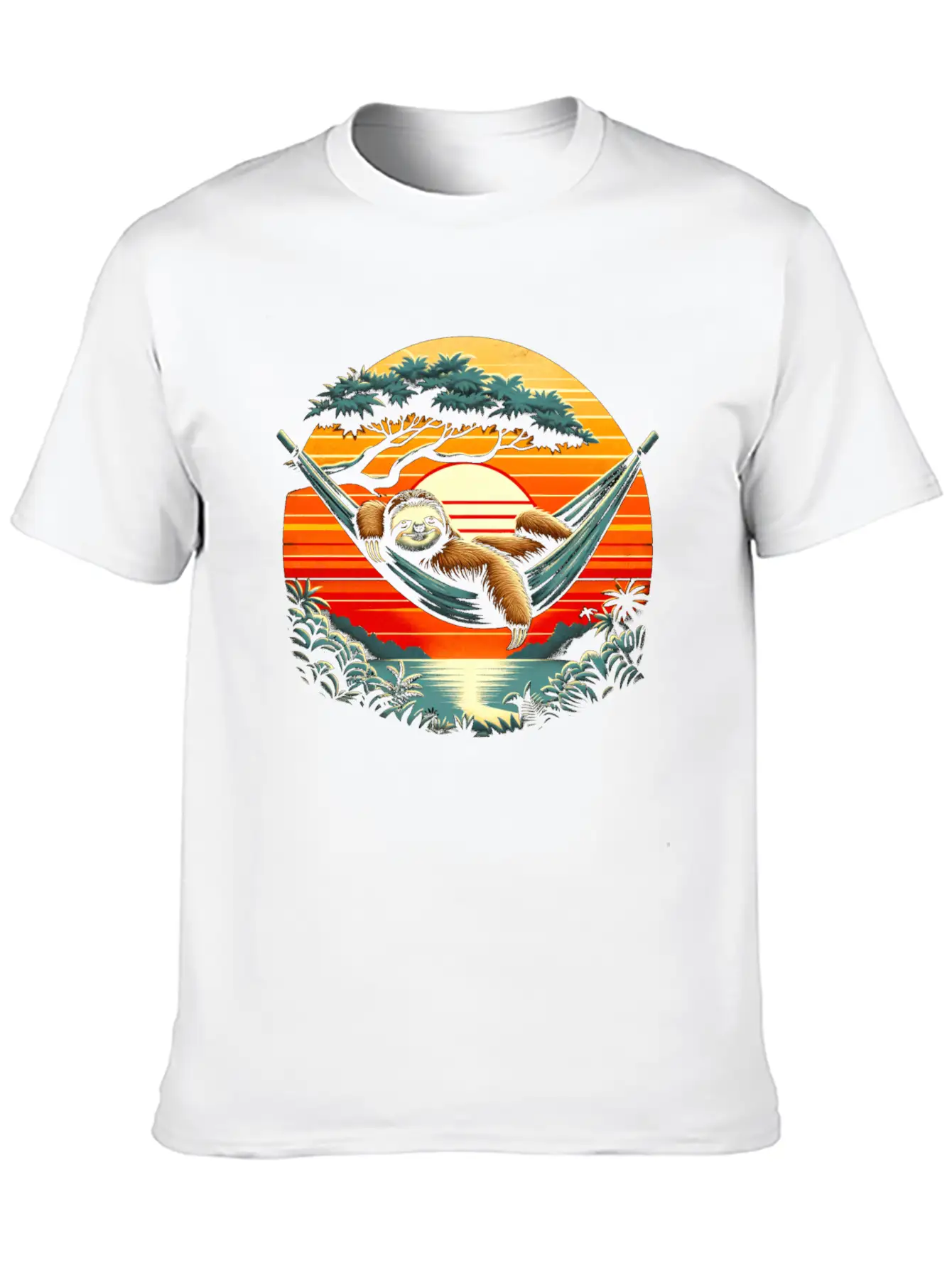 Funny Sloth In Hammock, Retro Jungle Sunset Stylish Everyday T-Shirt – Unisex Basic Cotton Tee