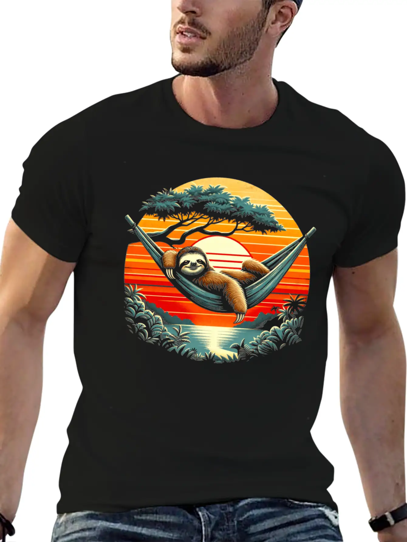 Funny Sloth In Hammock, Retro Jungle Sunset Stylish Everyday T-Shirt – Unisex Basic Cotton Tee