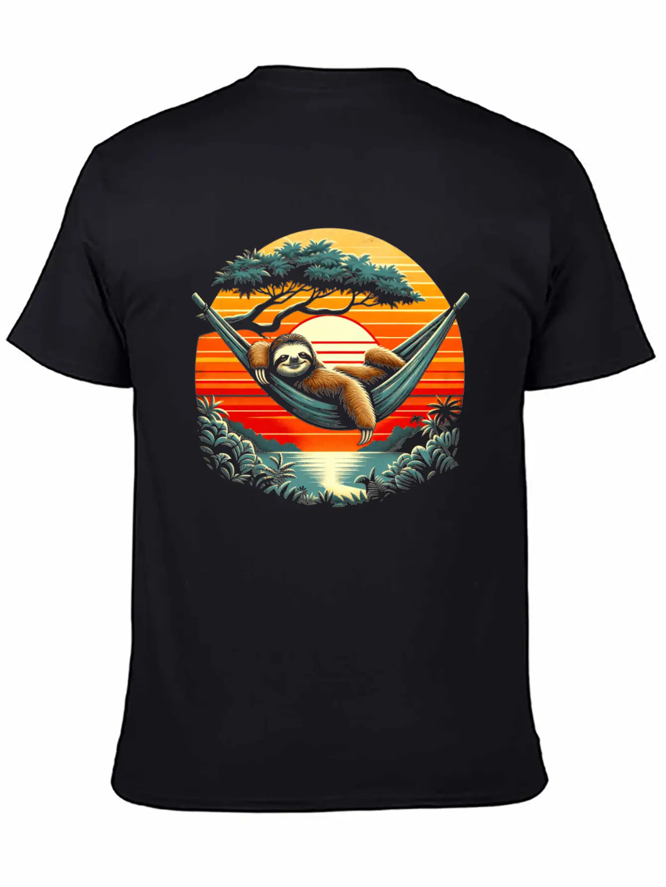 Funny Sloth In Hammock, Retro Jungle Sunset Stylish Everyday T-Shirt – Unisex Basic Cotton Tee