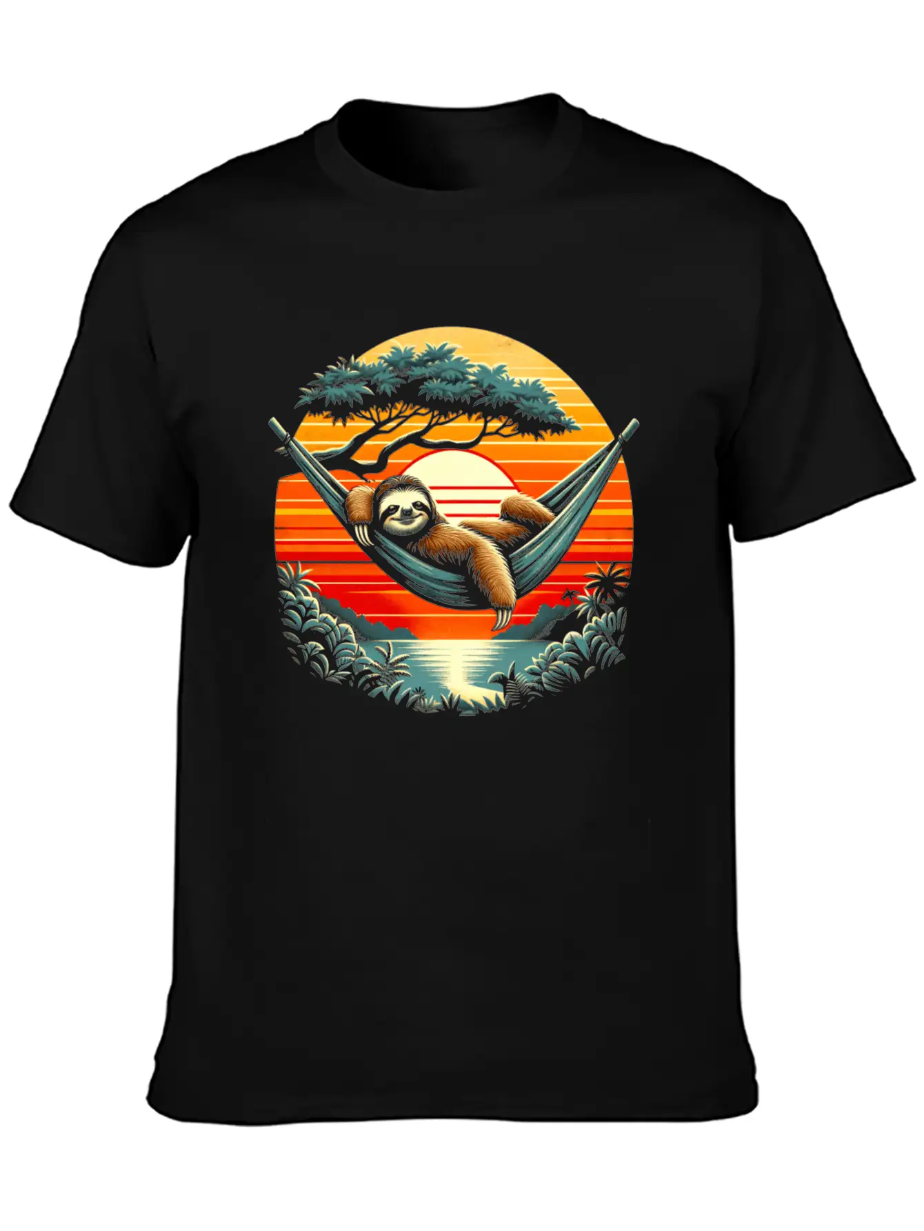 Funny Sloth In Hammock, Retro Jungle Sunset Stylish Everyday T-Shirt – Unisex Basic Cotton Tee