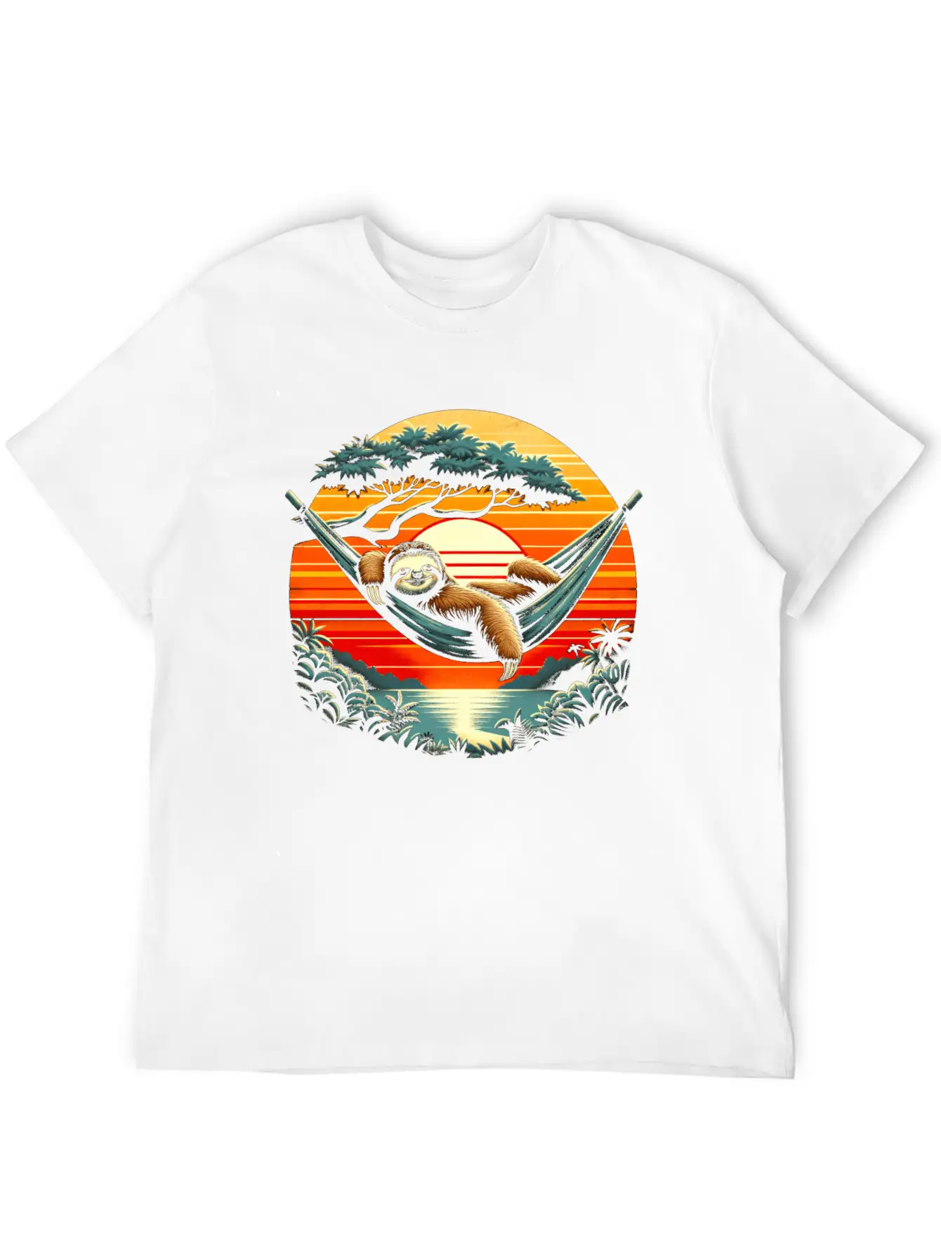 Funny Sloth In Hammock, Retro Jungle Sunset Stylish Everyday T-Shirt – Unisex Basic Cotton Tee