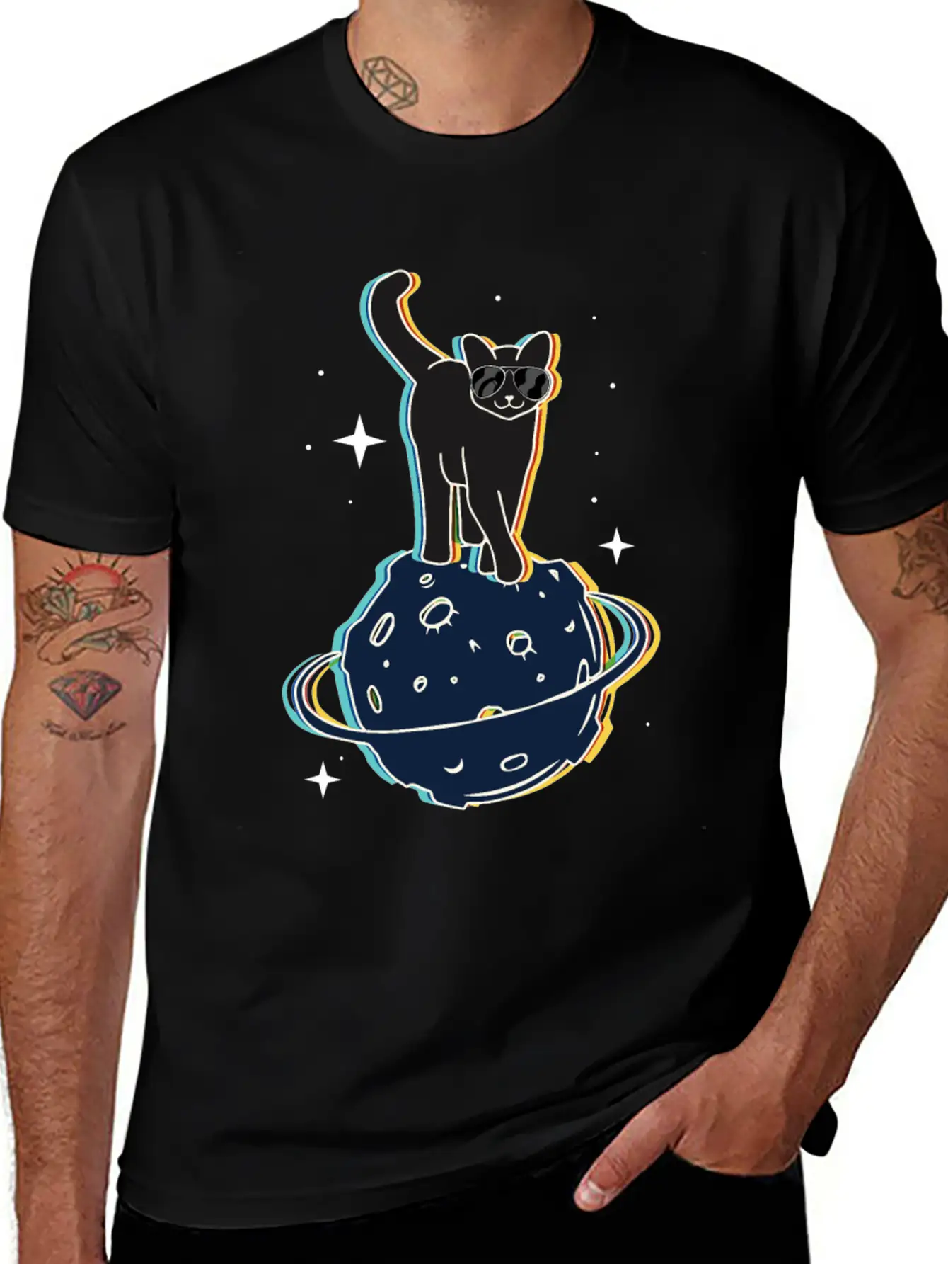 Funny Surrealistic Cool Cat On Comet Stylish Everyday T-Shirt – Unisex Basic Cotton Tee