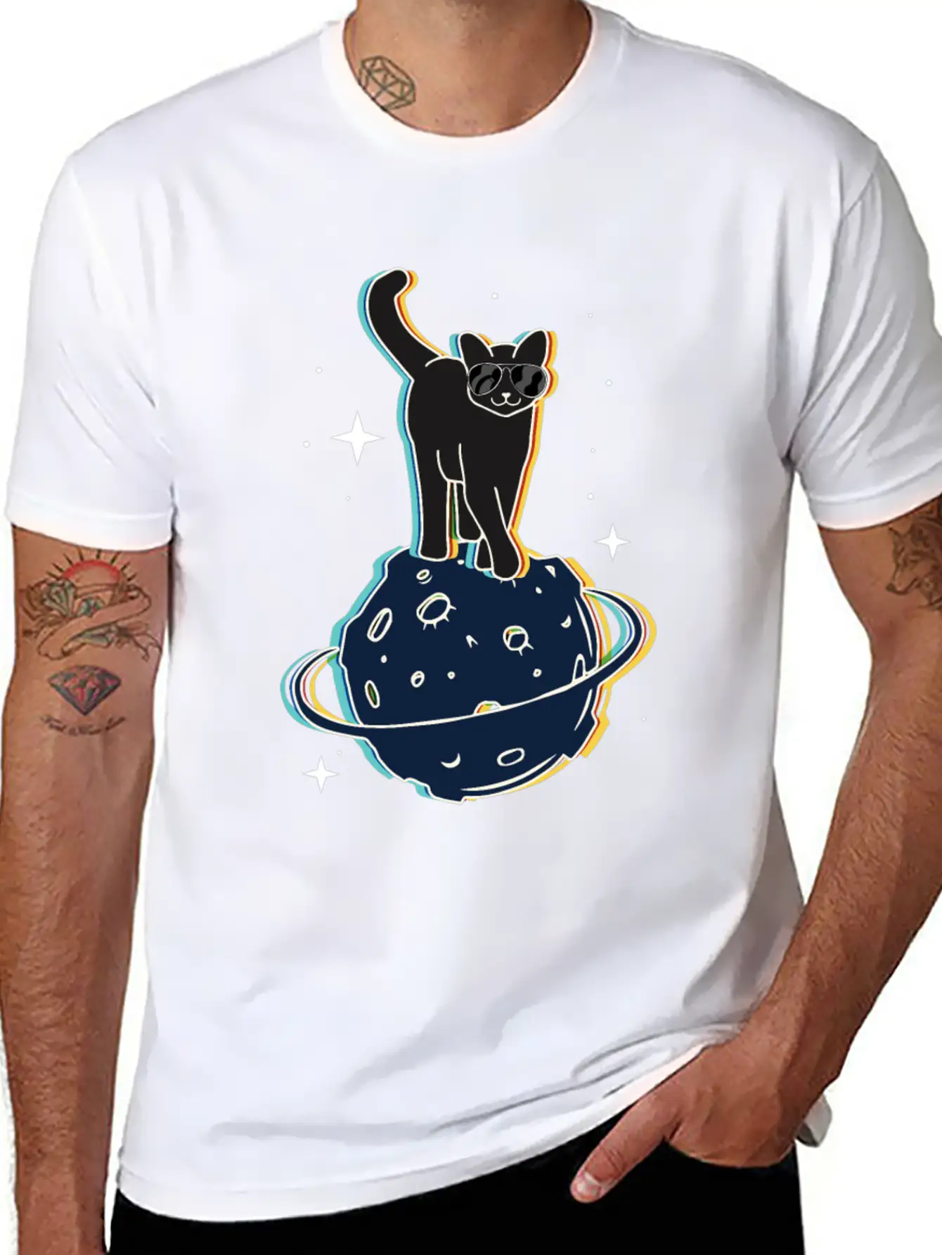Funny Surrealistic Cool Cat On Comet Stylish Everyday T-Shirt – Unisex Basic Cotton Tee