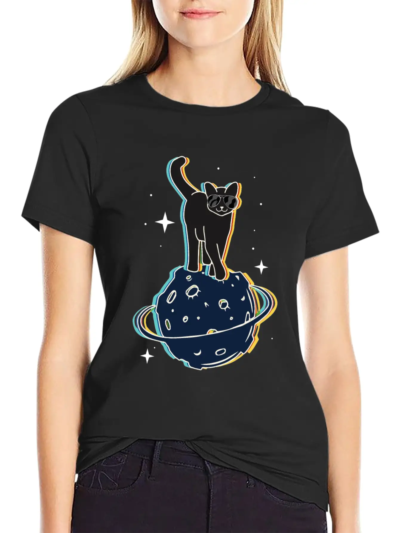 Funny Surrealistic Cool Cat On Comet Stylish Everyday T-Shirt – Unisex Basic Cotton Tee