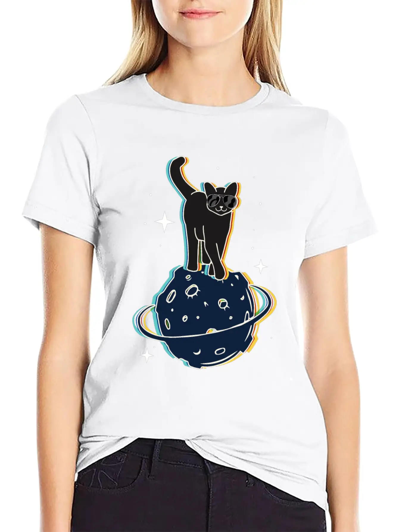 Funny Surrealistic Cool Cat On Comet Stylish Everyday T-Shirt – Unisex Basic Cotton Tee