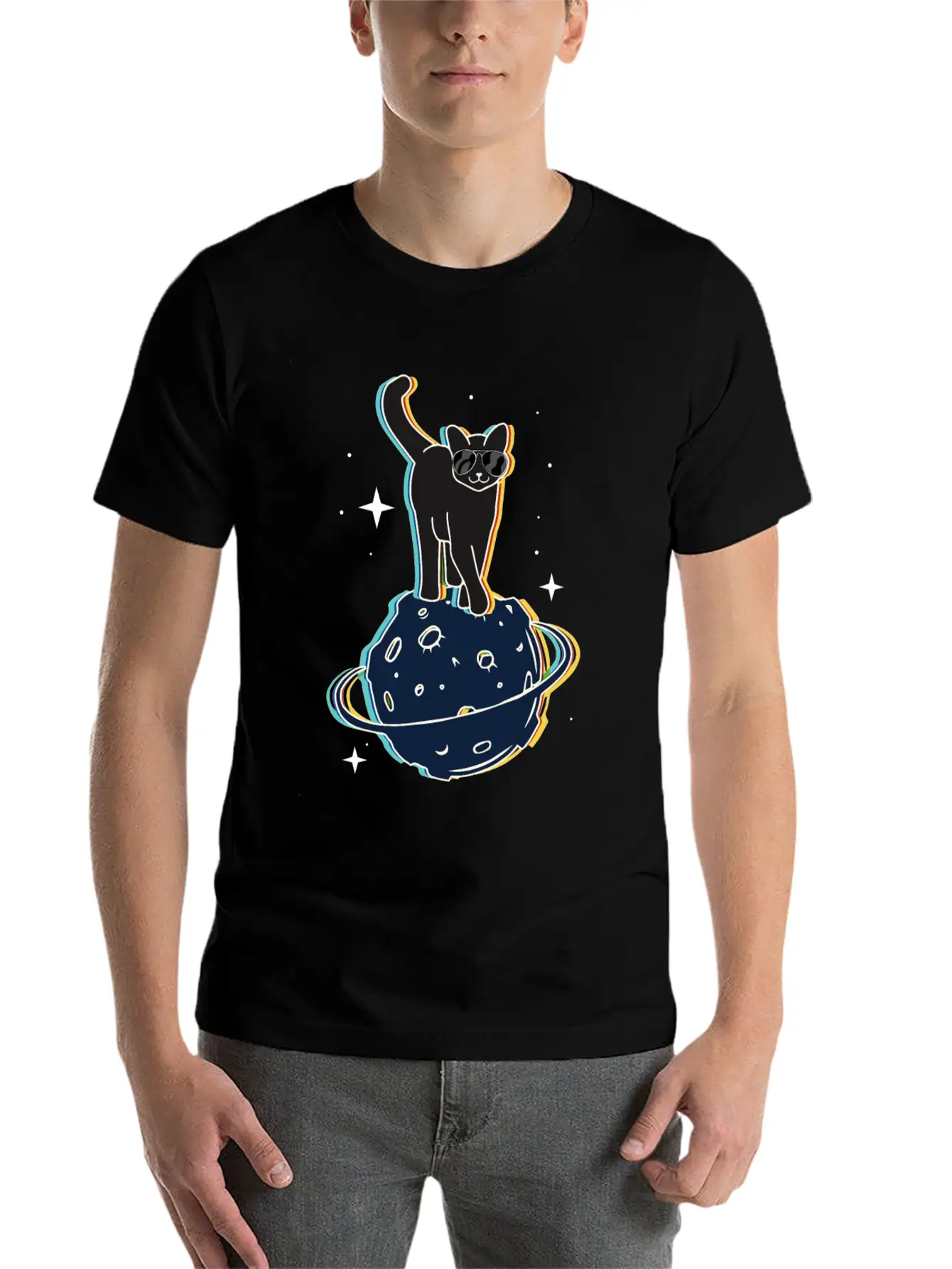 Funny Surrealistic Cool Cat On Comet Stylish Everyday T-Shirt – Unisex Basic Cotton Tee