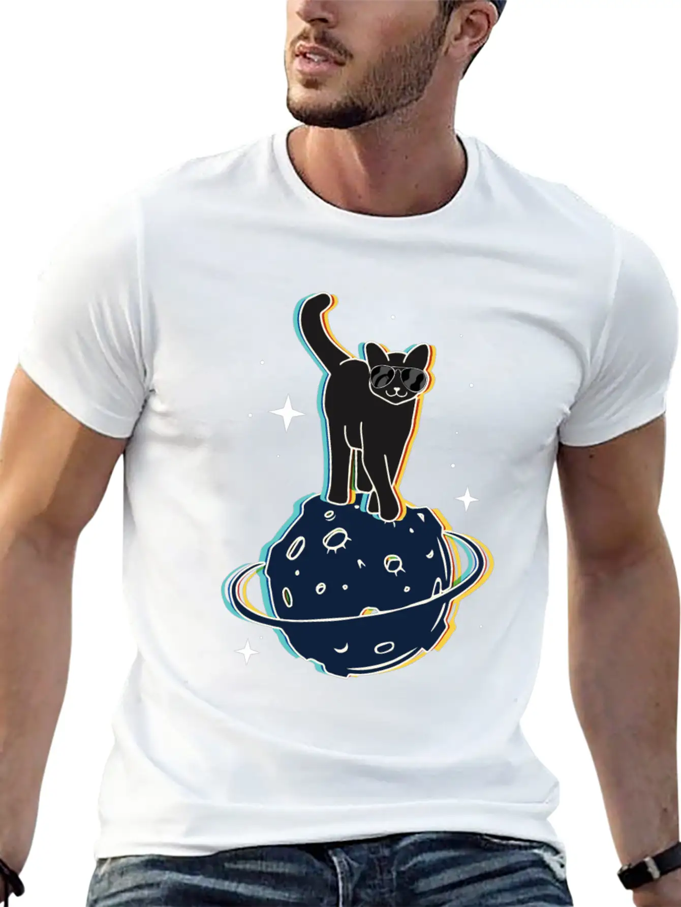 Funny Surrealistic Cool Cat On Comet Stylish Everyday T-Shirt – Unisex Basic Cotton Tee