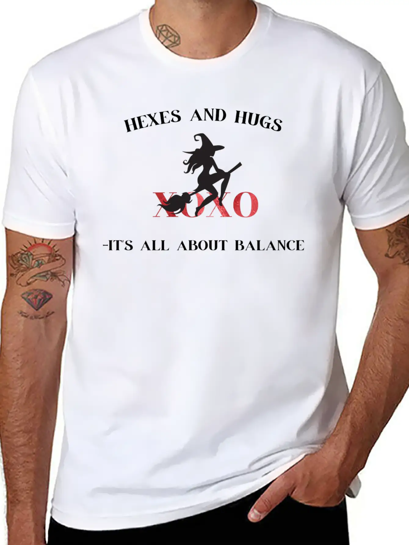 Funny Witch Halloween Hexes And Hugs-Balance Stylish Everyday T-Shirt – Unisex Basic Cotton Tee