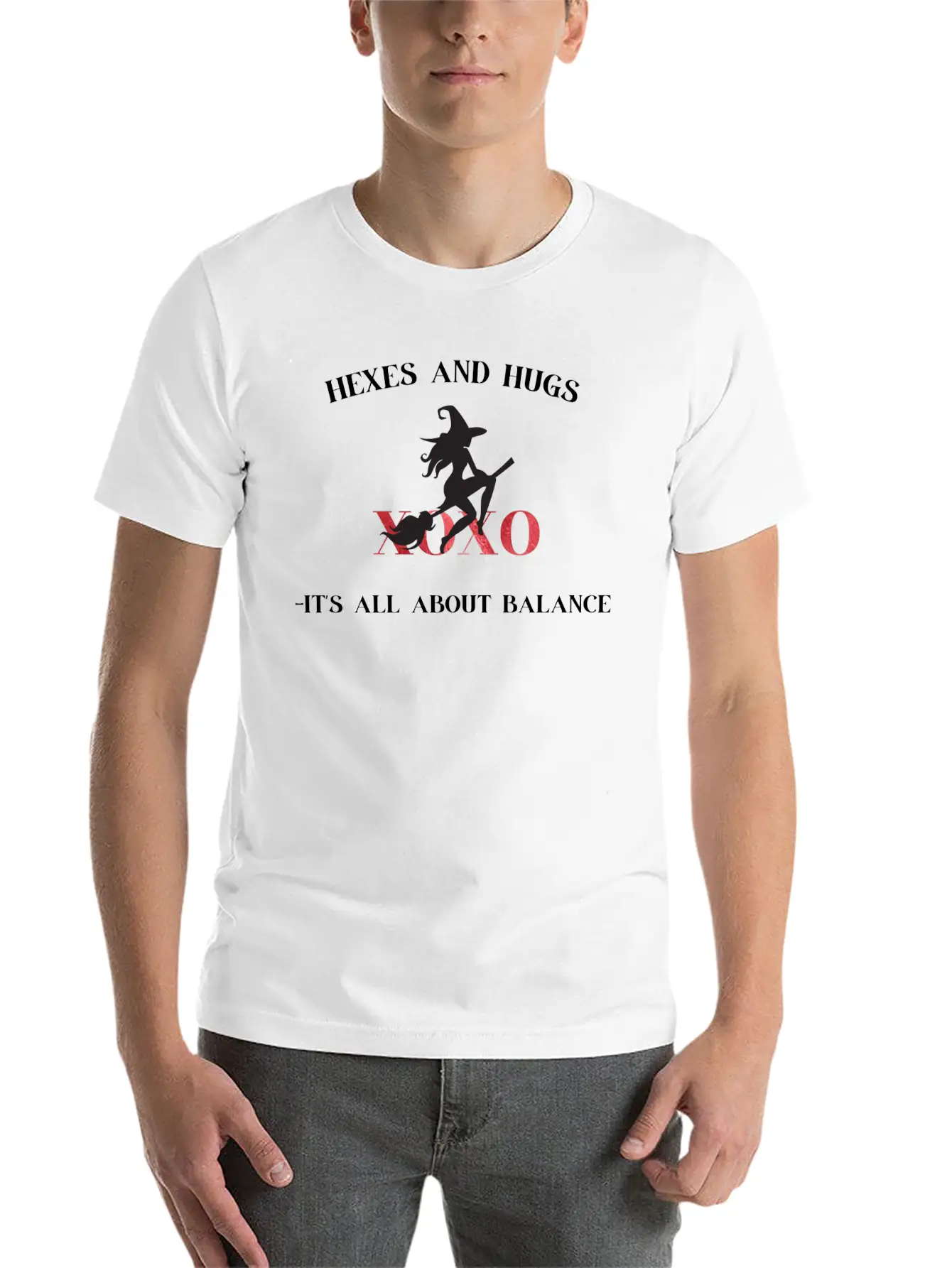 Funny Witch Halloween Hexes And Hugs-Balance Stylish Everyday T-Shirt – Unisex Basic Cotton Tee