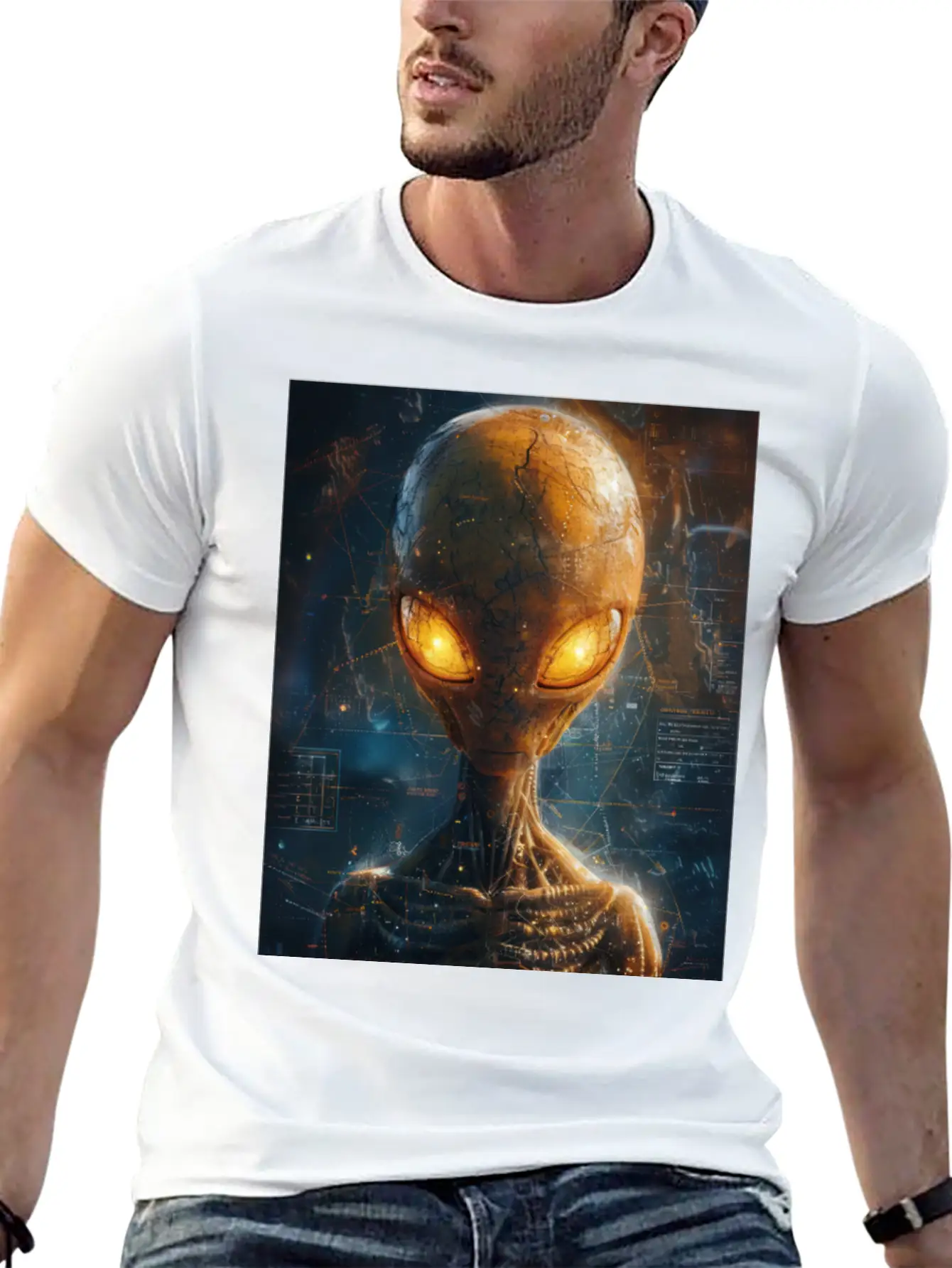 Futuristic Alien With Glowing Eyes In Digital Real Comfortable Minimalist Graphic Tee – Summer Style Essential
