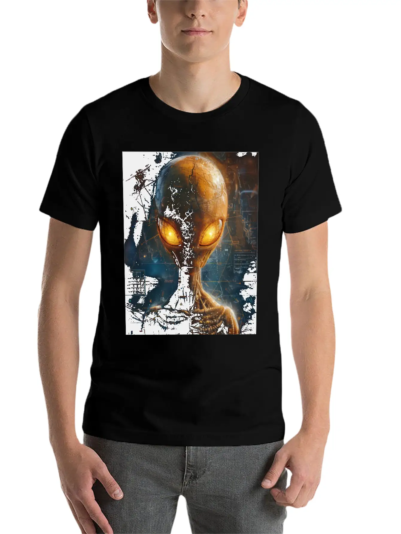 Futuristic Alien With Glowing Eyes In Digital Real Comfortable Minimalist Graphic Tee – Summer Style Essential