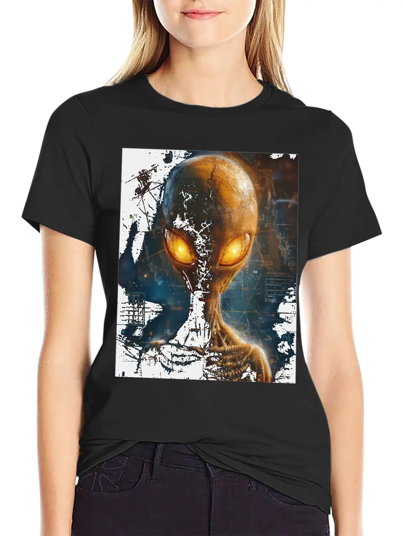 Futuristic Alien With Glowing Eyes In Digital Real Comfortable Minimalist Graphic Tee – Summer Style Essential