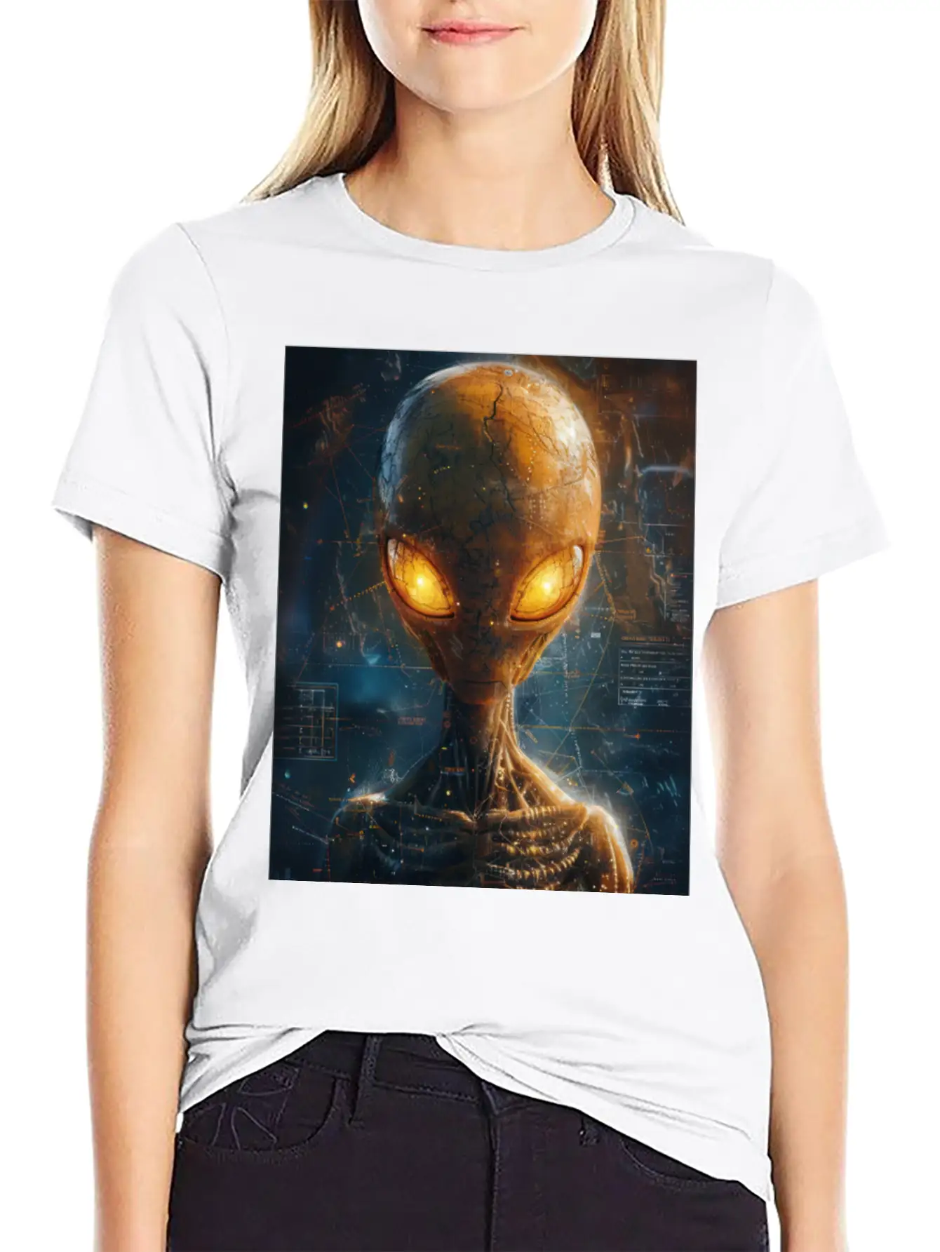 Futuristic Alien With Glowing Eyes In Digital Real Comfortable Minimalist Graphic Tee – Summer Style Essential