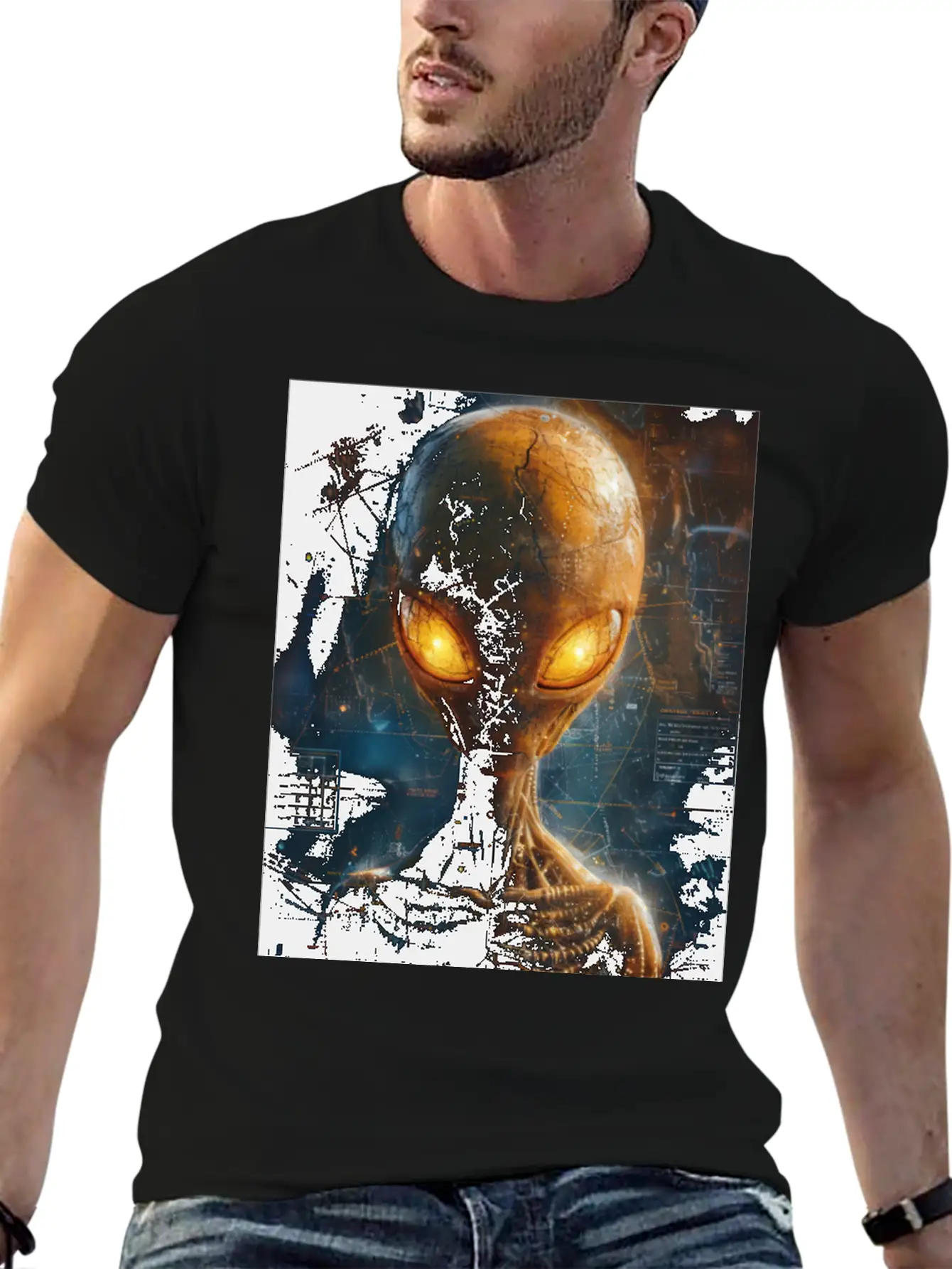 Futuristic Alien With Glowing Eyes In Digital Real Comfortable Minimalist Graphic Tee – Summer Style Essential