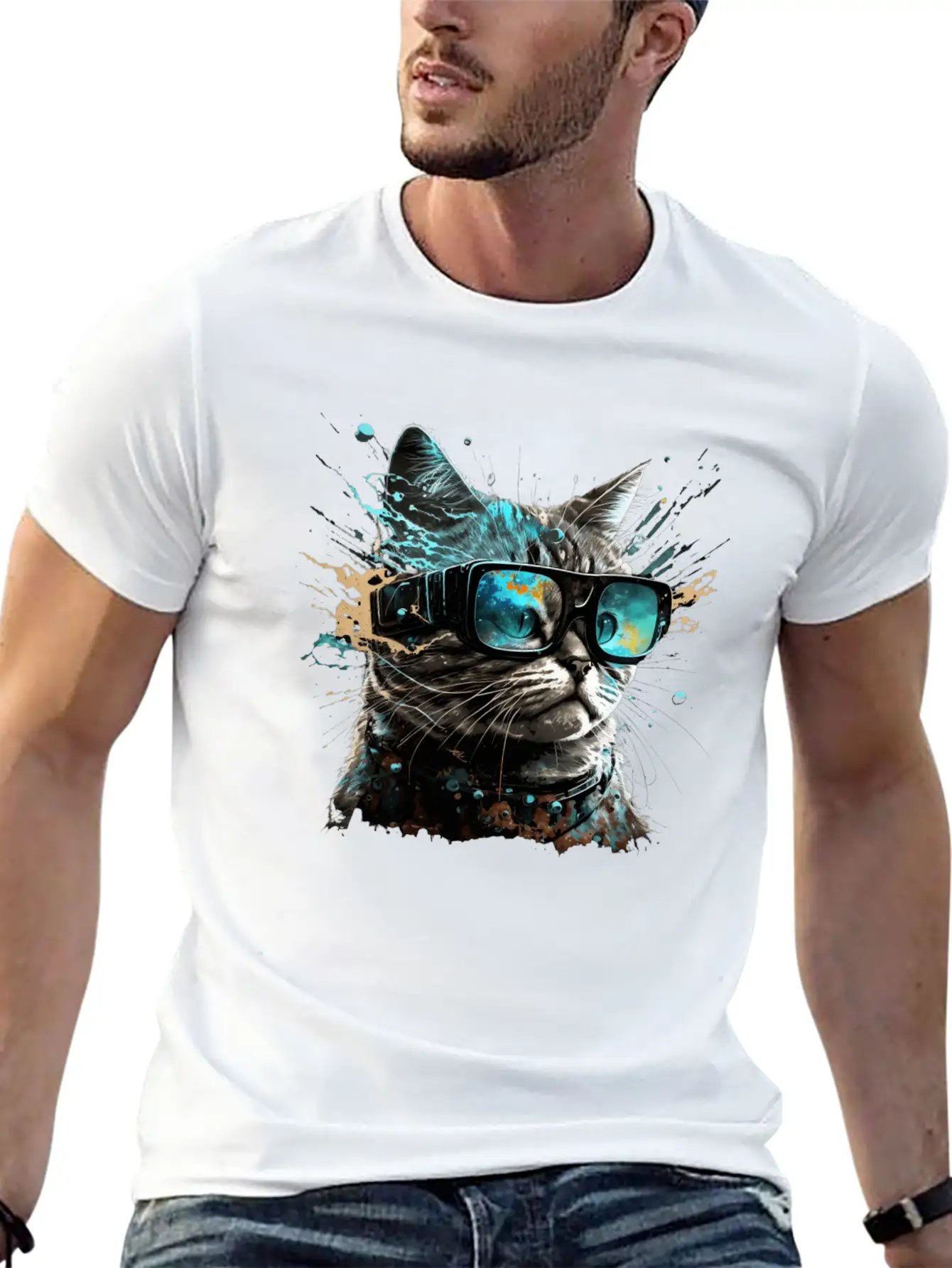 Futuristic VR Glass Cat Unisex Short Sleeve Soft Cotton T-Shirt – Casual Everyday Wear