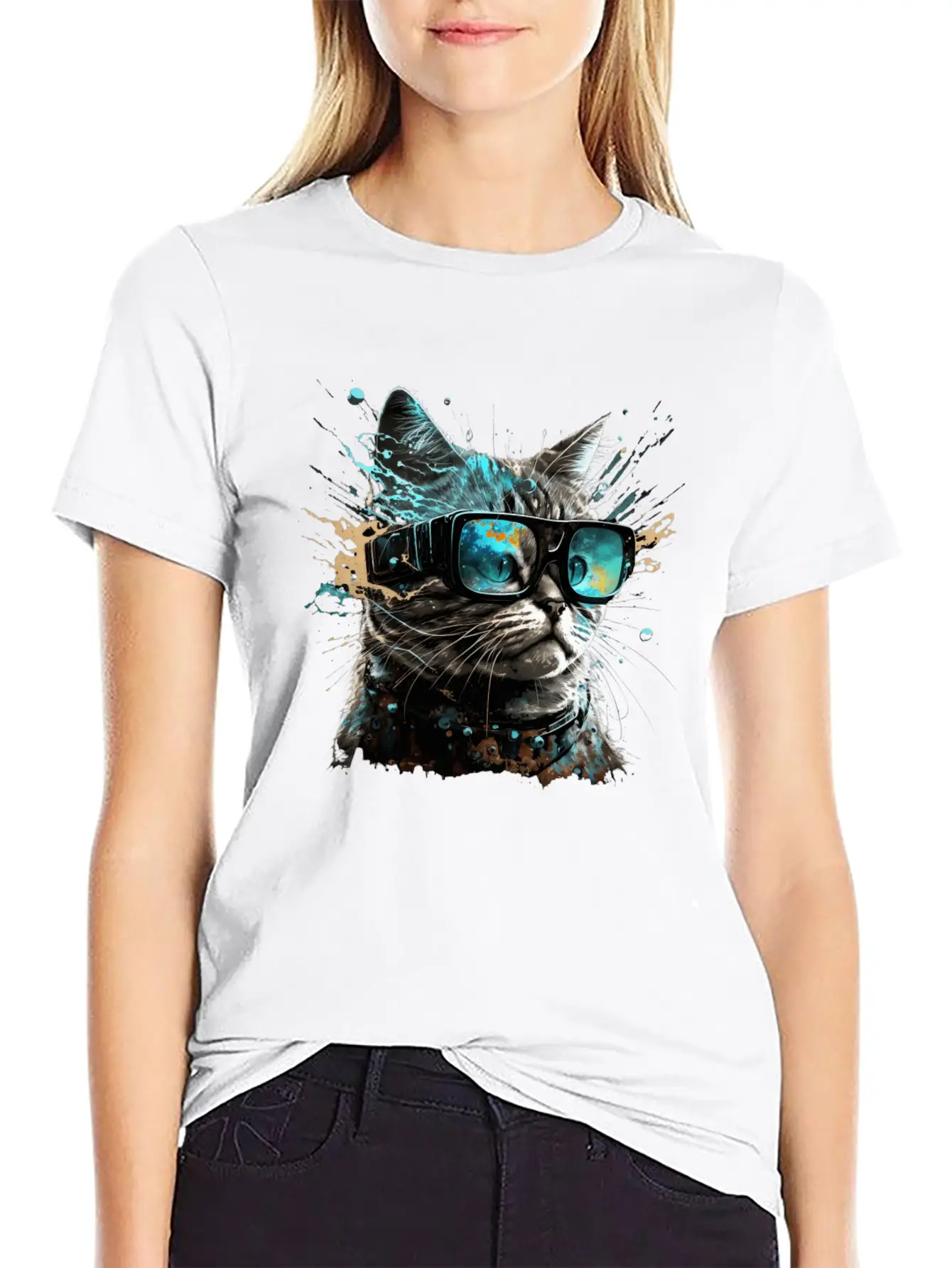 Futuristic VR Glass Cat Unisex Short Sleeve Soft Cotton T-Shirt – Casual Everyday Wear